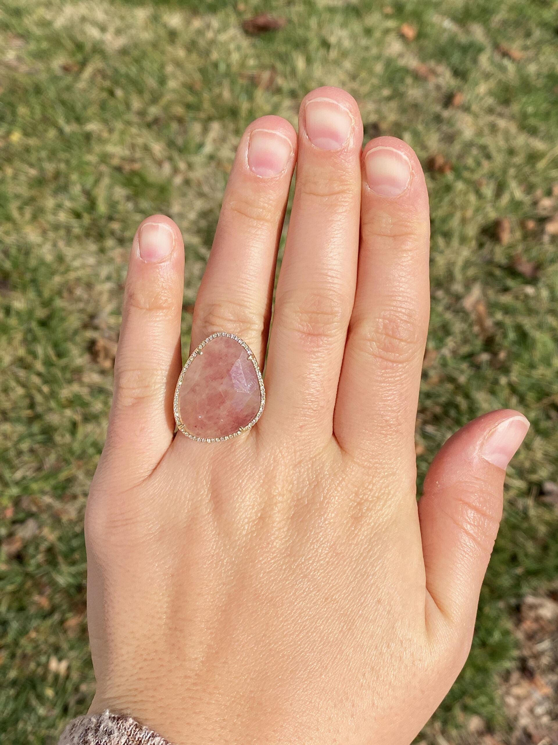 The American River: Rose Quartz and Natural Diamond Halo Cocktail Ring in Yellow Gold - Image 8