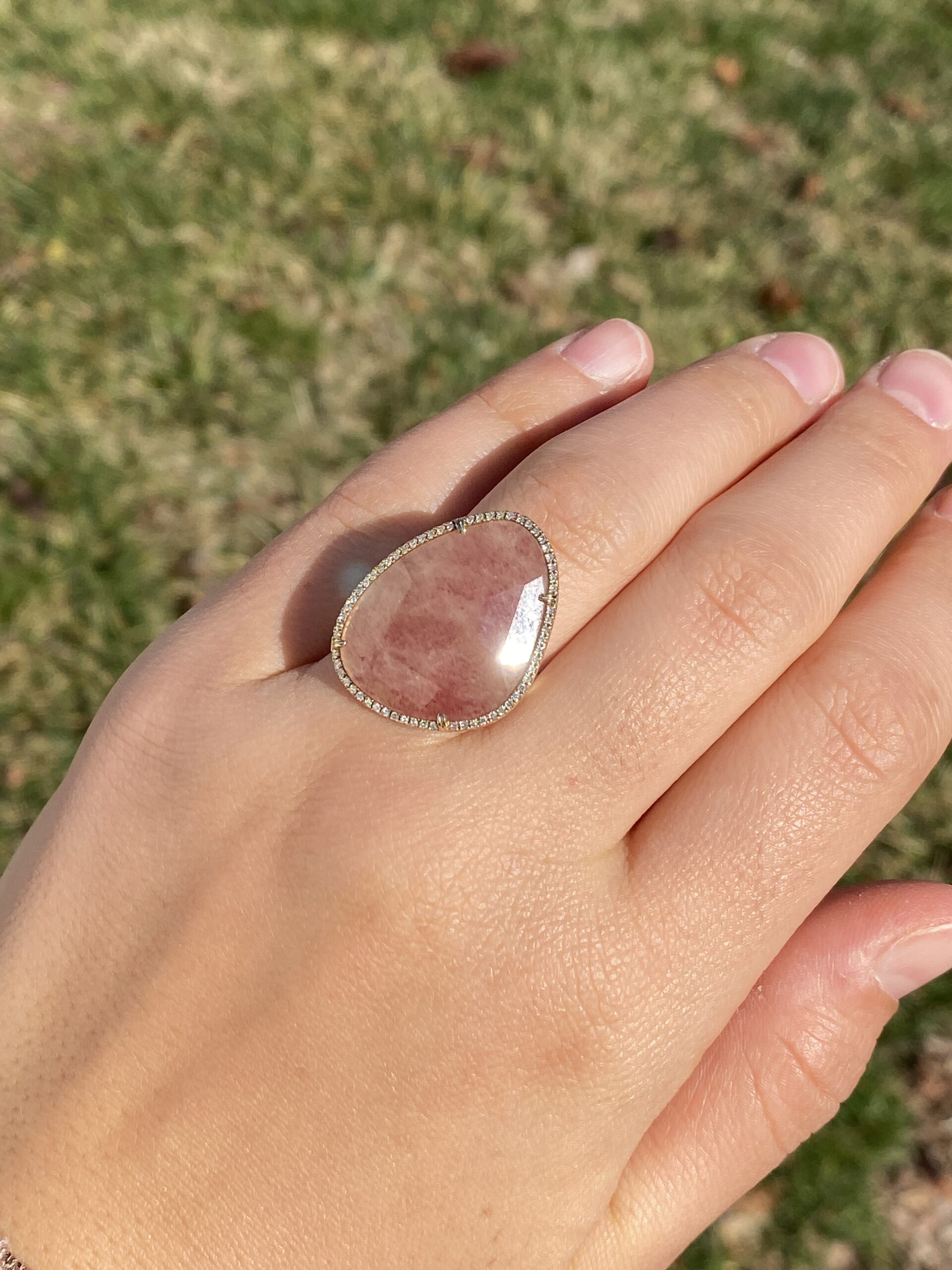 The American River: Rose Quartz and Natural Diamond Halo Cocktail Ring in Yellow Gold - Image 9