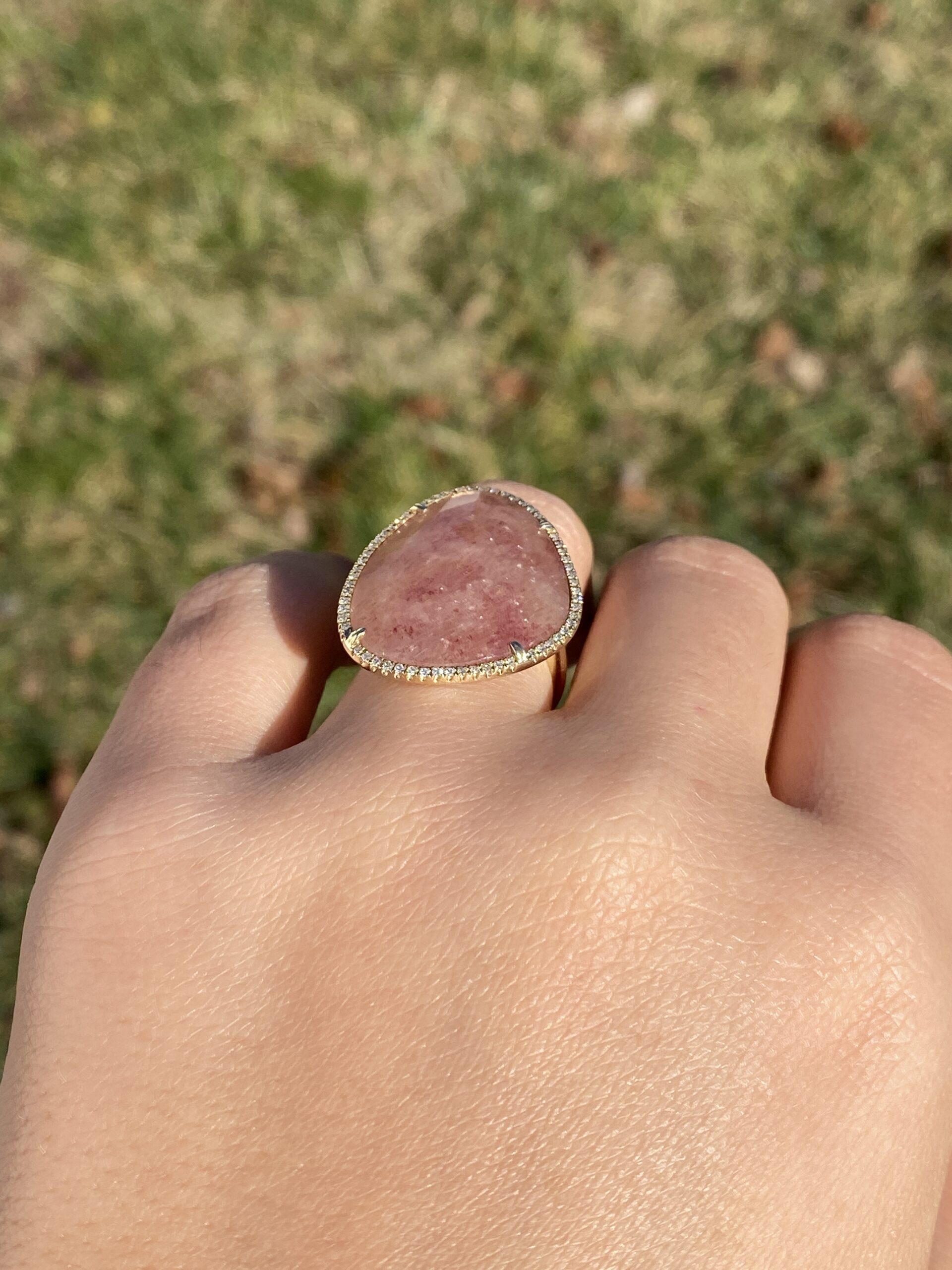 The American River: Rose Quartz and Natural Diamond Halo Cocktail Ring in Yellow Gold - Image 10
