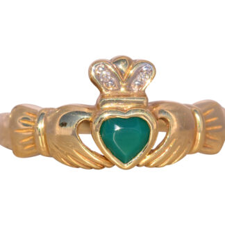 The Dingle: Irish Made Designer Signed Green Agate and Natural Diamond Claddagh Ring