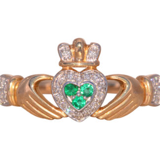 The Ennis: Designer Signed Natural Emerald and Diamond Claddagh Ring