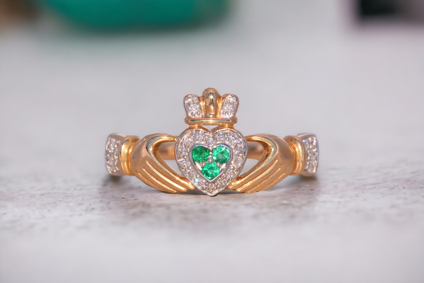 The Ennis: Designer Signed Natural Emerald and Diamond Claddagh Ring - Image 11