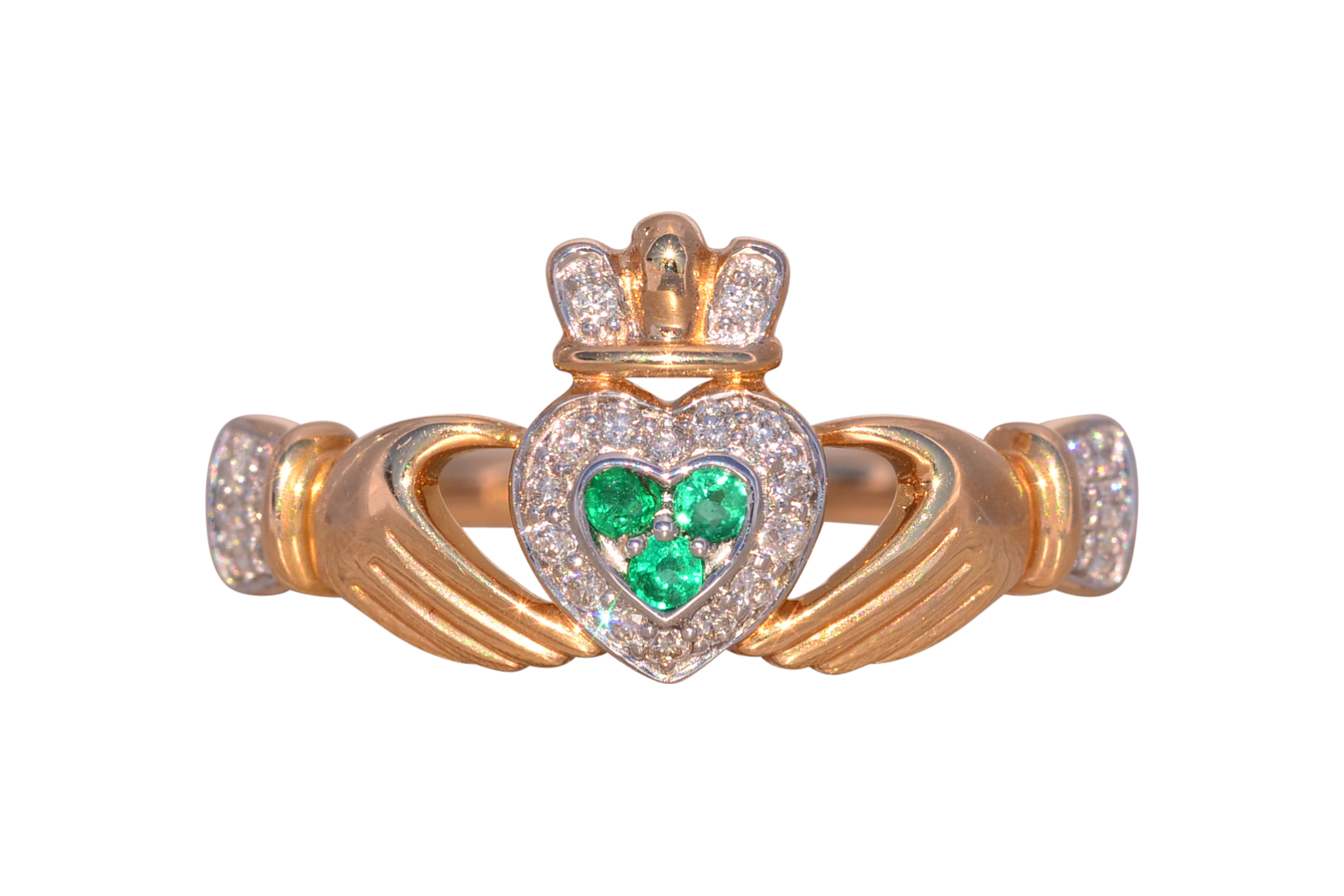 The Ennis: Designer Signed Natural Emerald and Diamond Claddagh Ring
