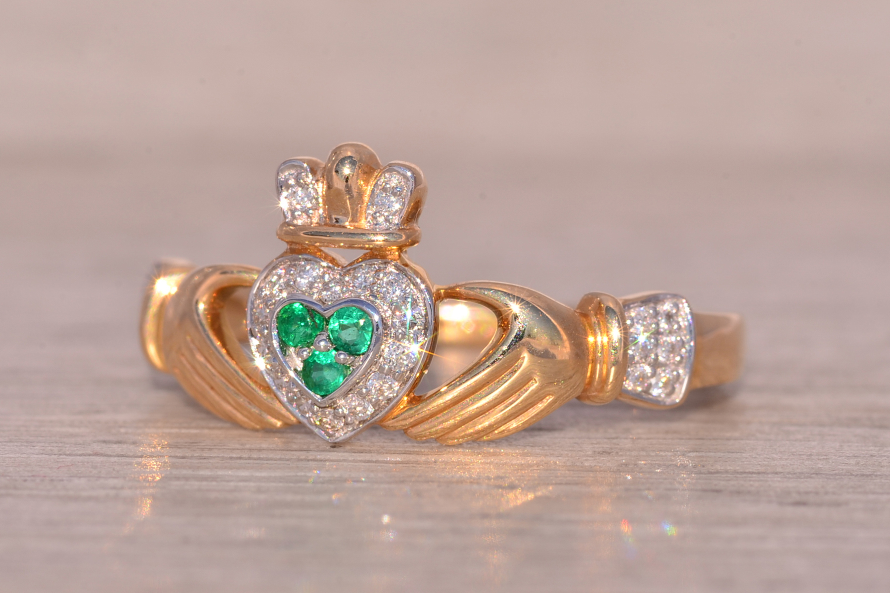 The Ennis: Designer Signed Natural Emerald and Diamond Claddagh Ring - Image 3