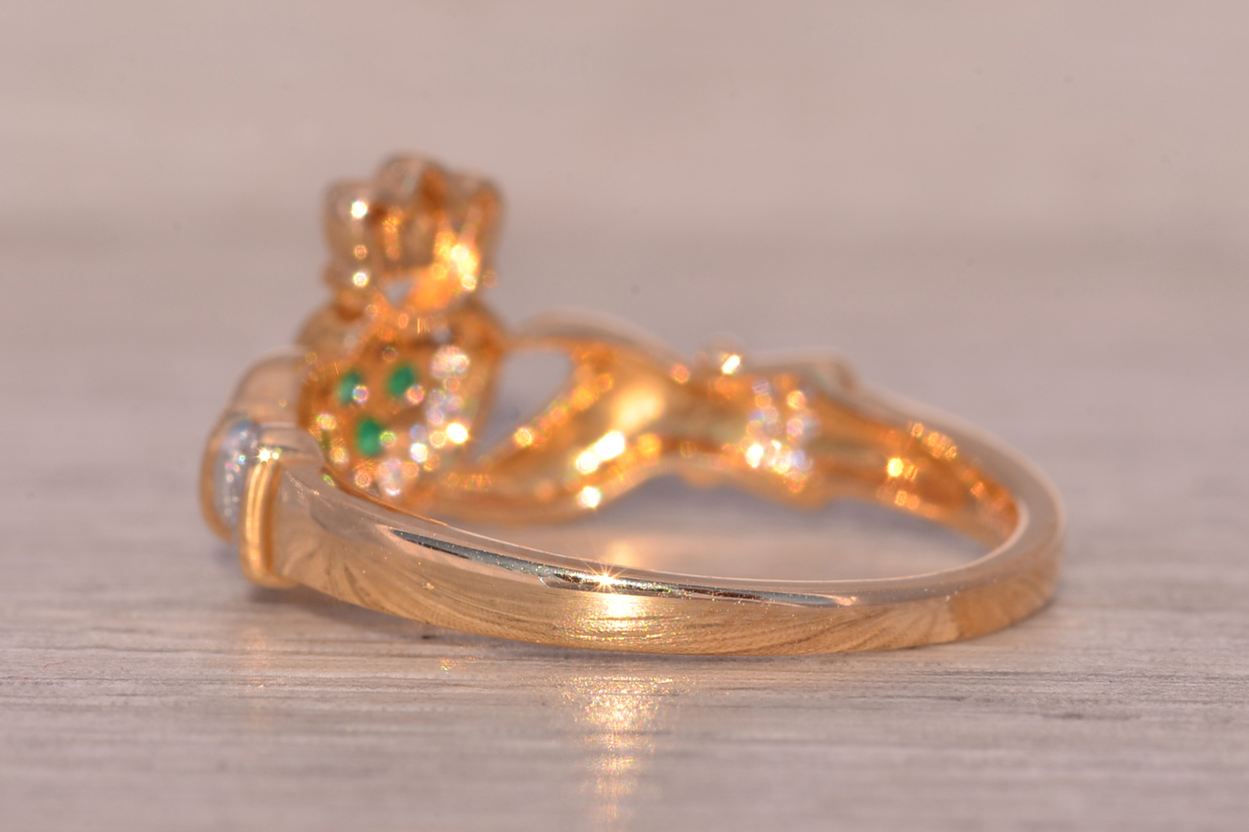 The Ennis: Designer Signed Natural Emerald and Diamond Claddagh Ring - Image 4