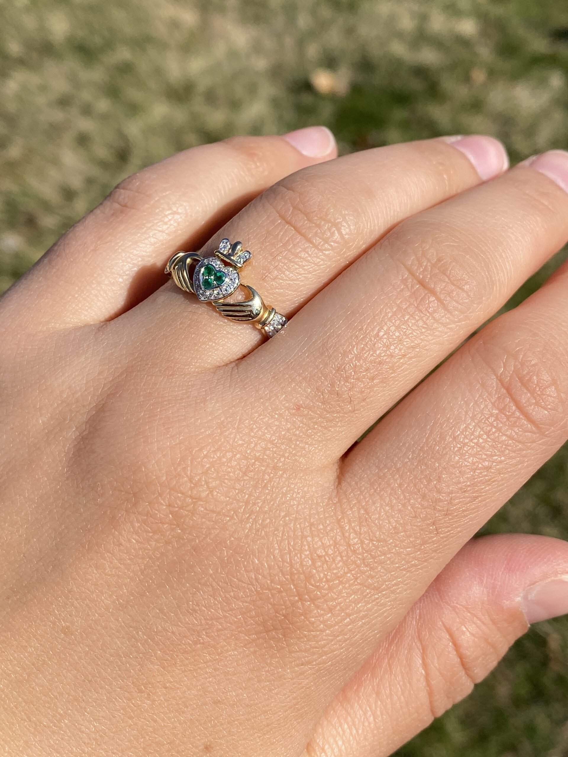 The Ennis: Designer Signed Natural Emerald and Diamond Claddagh Ring - Image 9