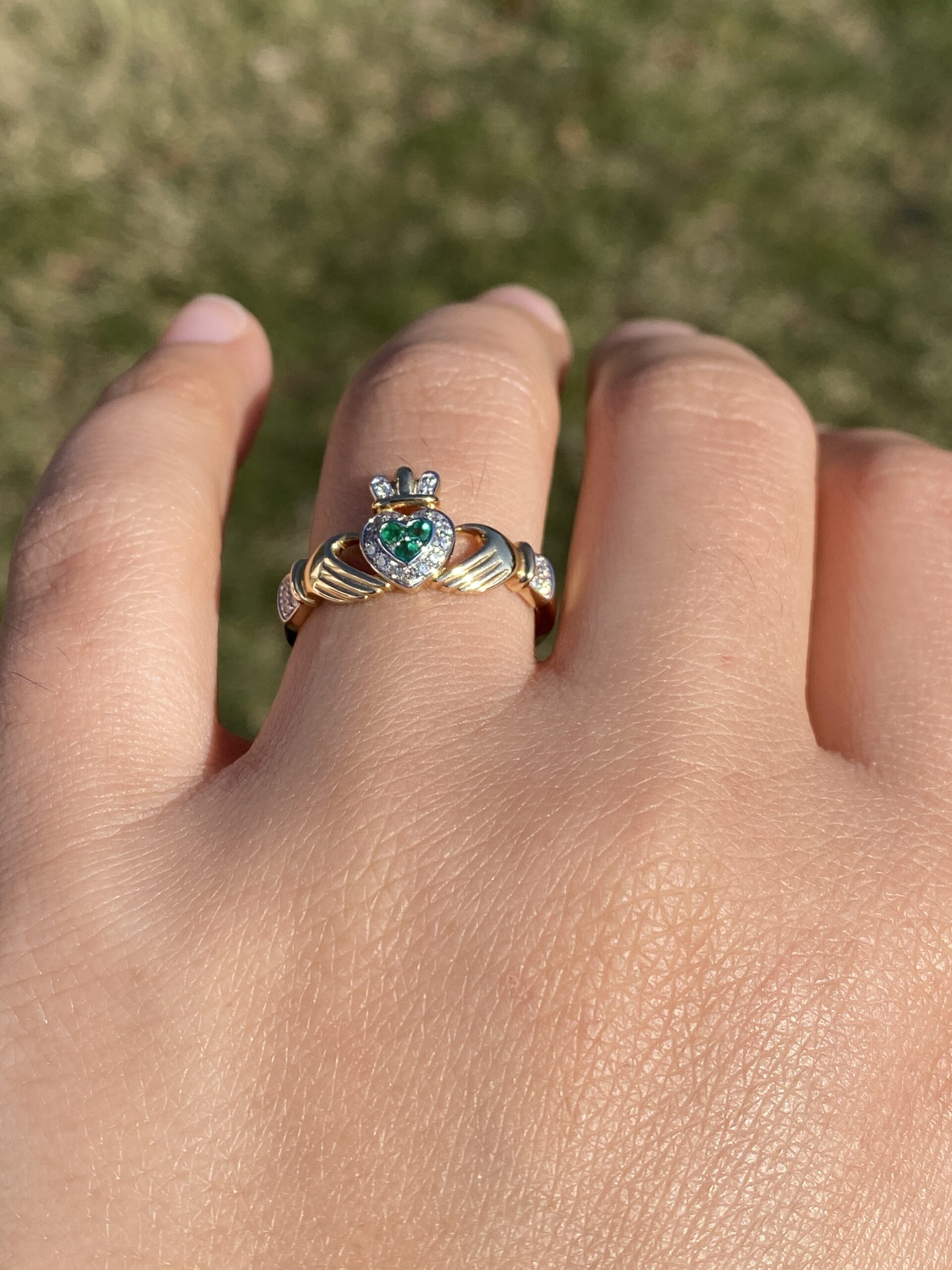 The Ennis: Designer Signed Natural Emerald and Diamond Claddagh Ring - Image 10