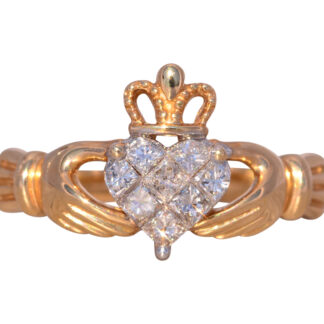 SOLD - The Roundstone: Designer Signed Mystery Set Natural Diamond Claddagh Ring in Yellow gold