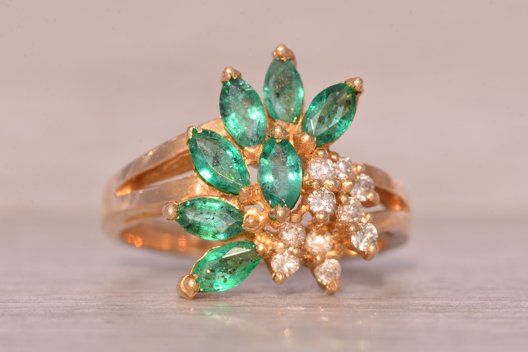 The Galway: Vintage Emerald and Natural Diamond Cocktail Ring in Yellow Gold - Image 2