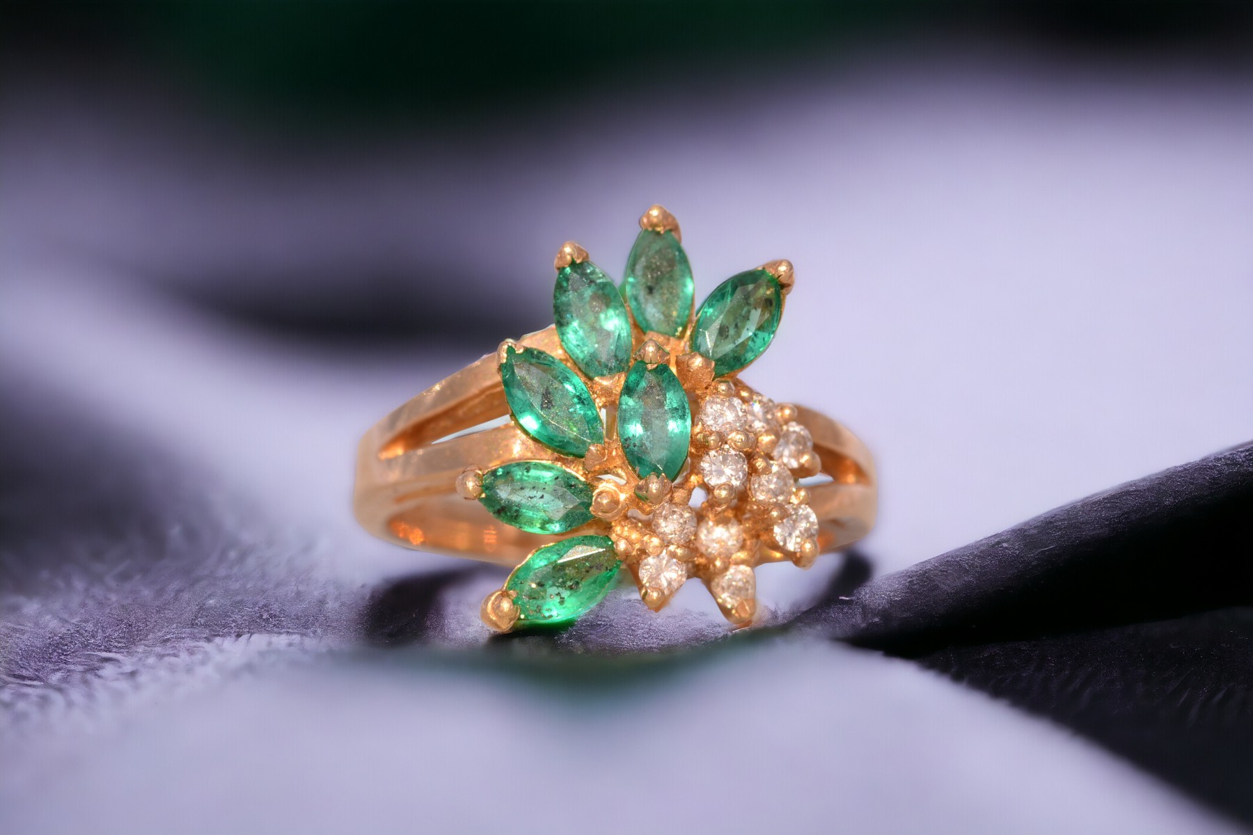 The Galway: Vintage Emerald and Natural Diamond Cocktail Ring in Yellow Gold - Image 11