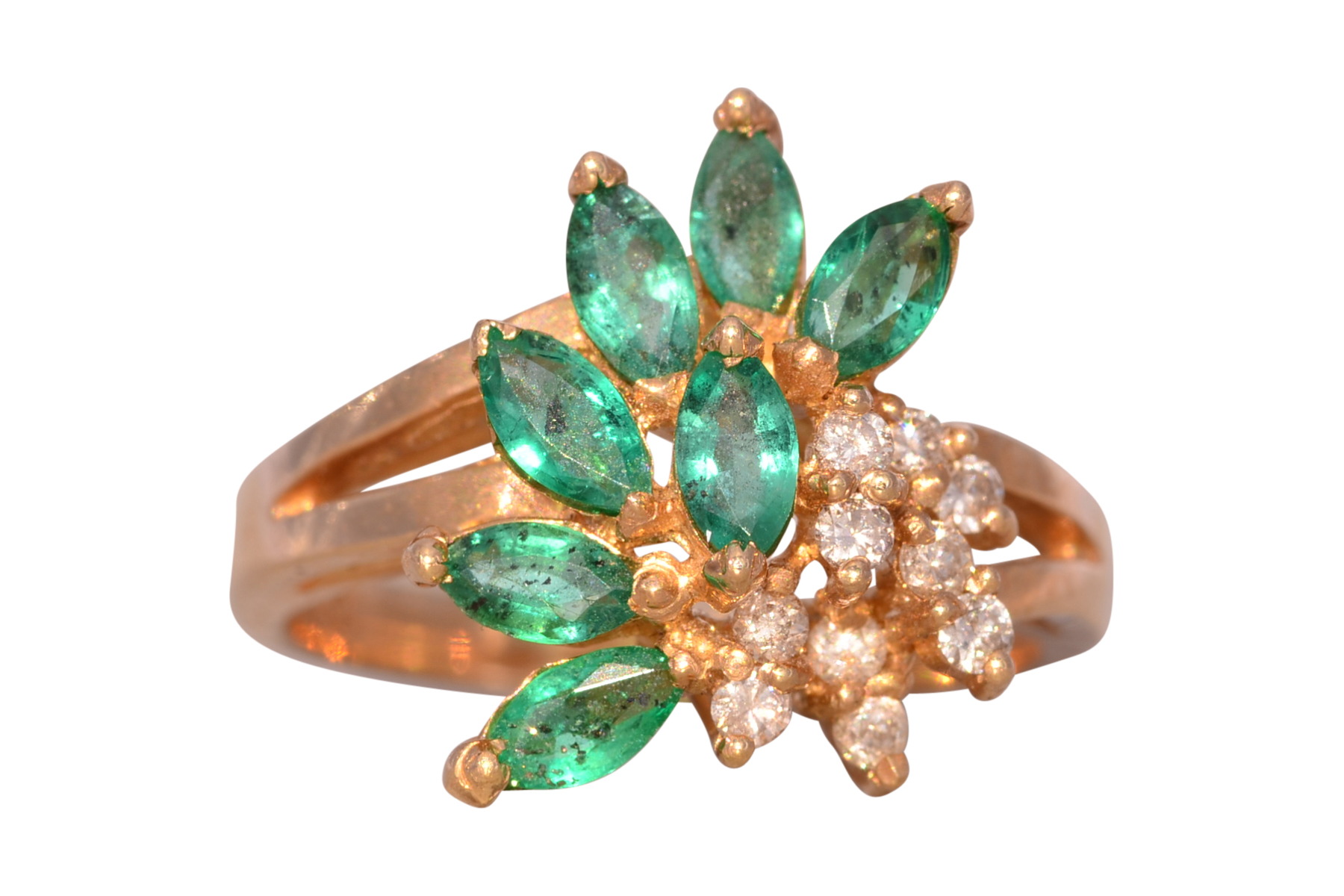 The Galway: Vintage Emerald and Natural Diamond Cocktail Ring in Yellow Gold