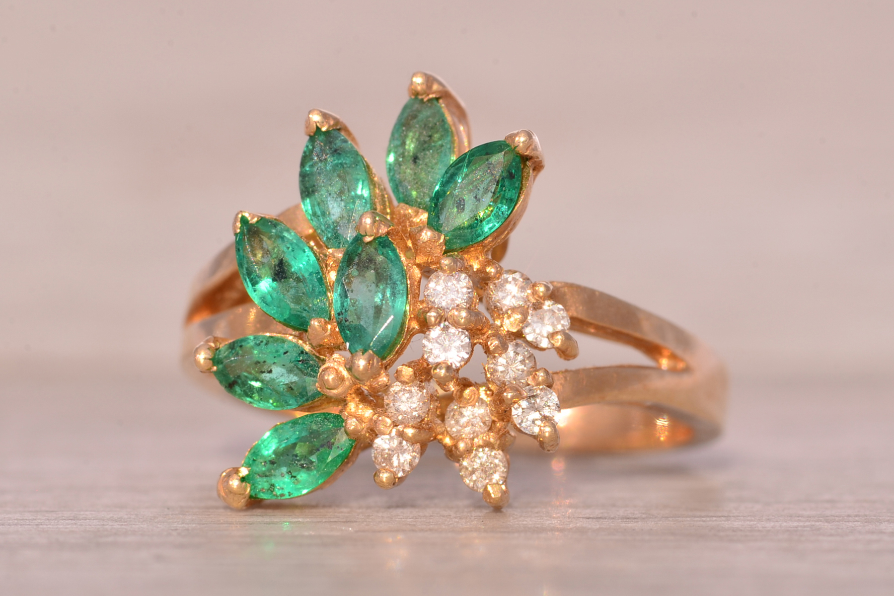 The Galway: Vintage Emerald and Natural Diamond Cocktail Ring in Yellow Gold - Image 3
