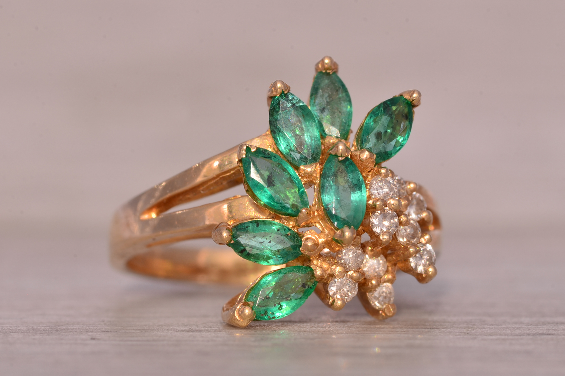 The Galway: Vintage Emerald and Natural Diamond Cocktail Ring in Yellow Gold - Image 6
