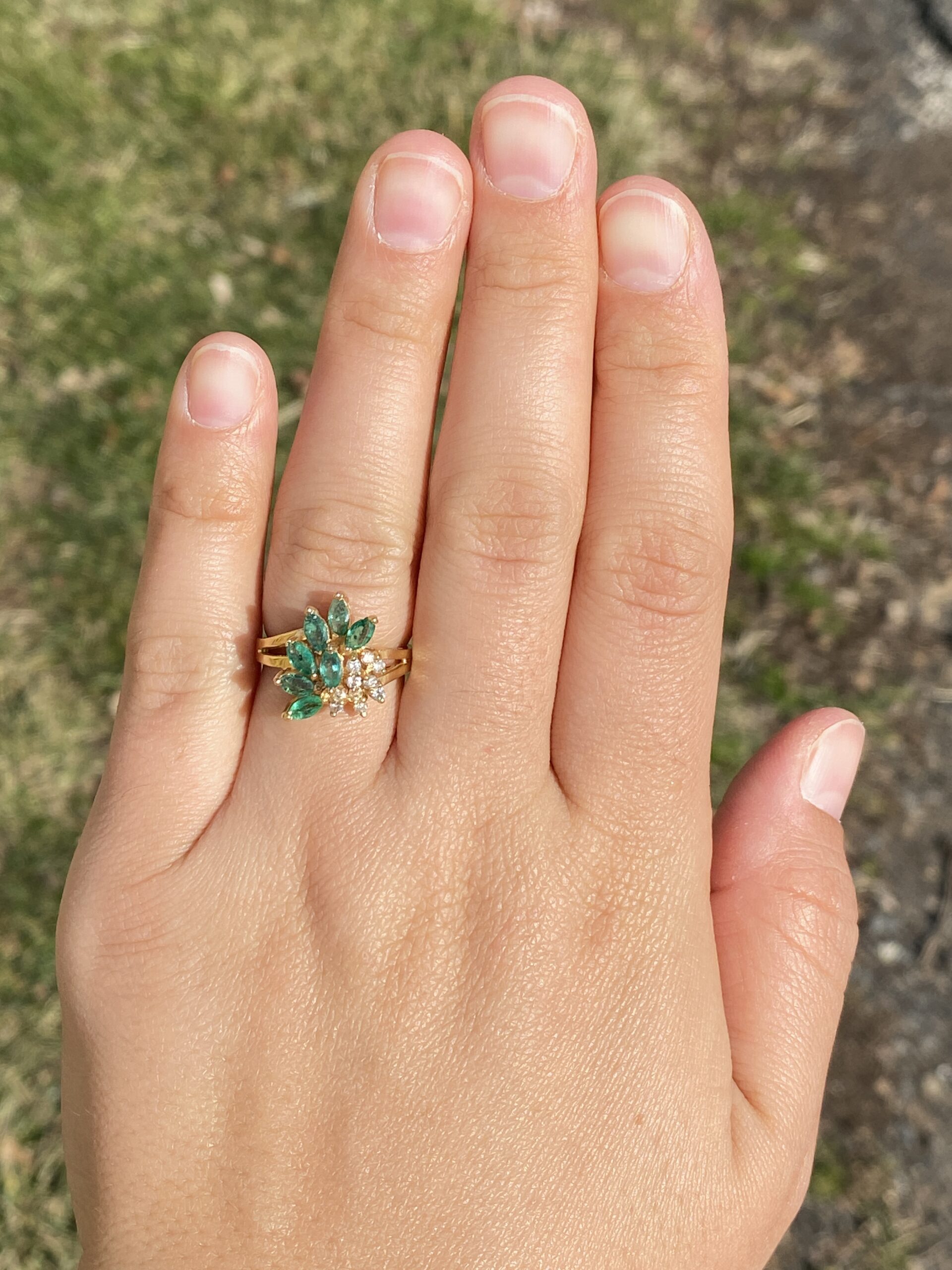 The Galway: Vintage Emerald and Natural Diamond Cocktail Ring in Yellow Gold - Image 8