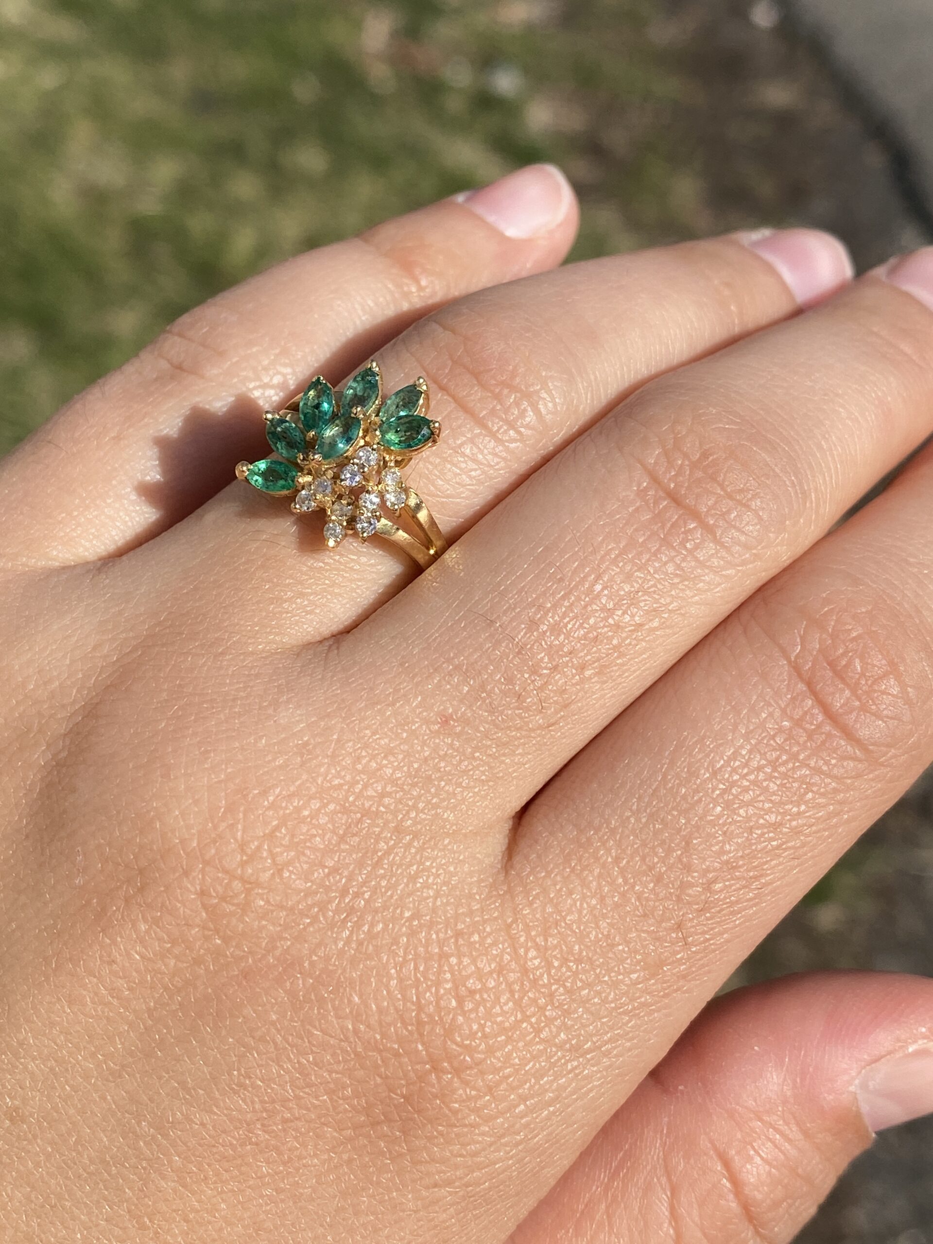 The Galway: Vintage Emerald and Natural Diamond Cocktail Ring in Yellow Gold - Image 9