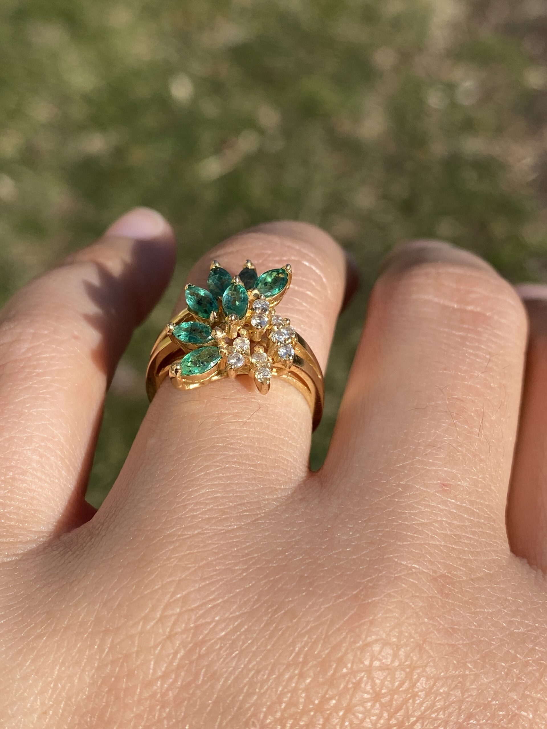 The Galway: Vintage Emerald and Natural Diamond Cocktail Ring in Yellow Gold - Image 10