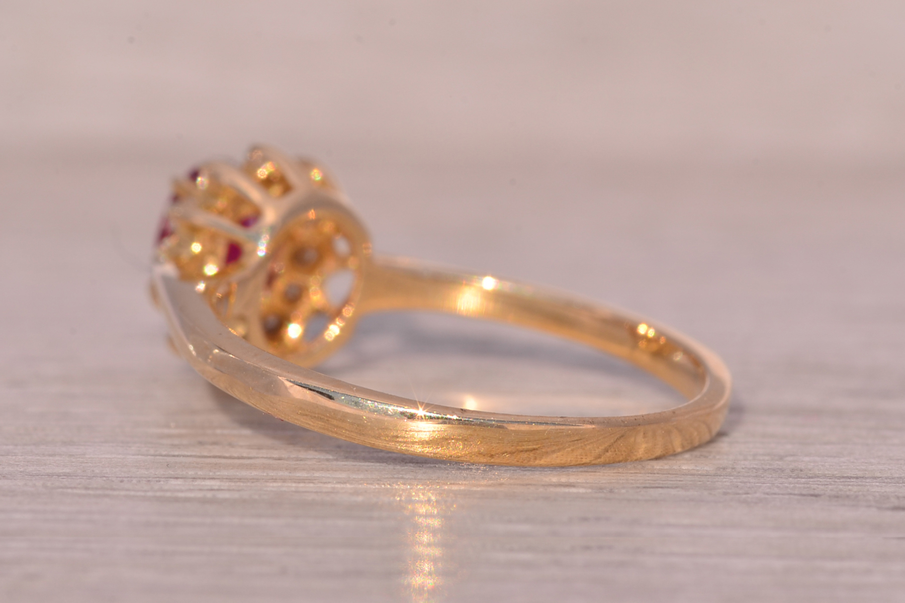 The Bandon: Natural Ruby and Diamond Halo Ring in Yellow Gold - Image 4