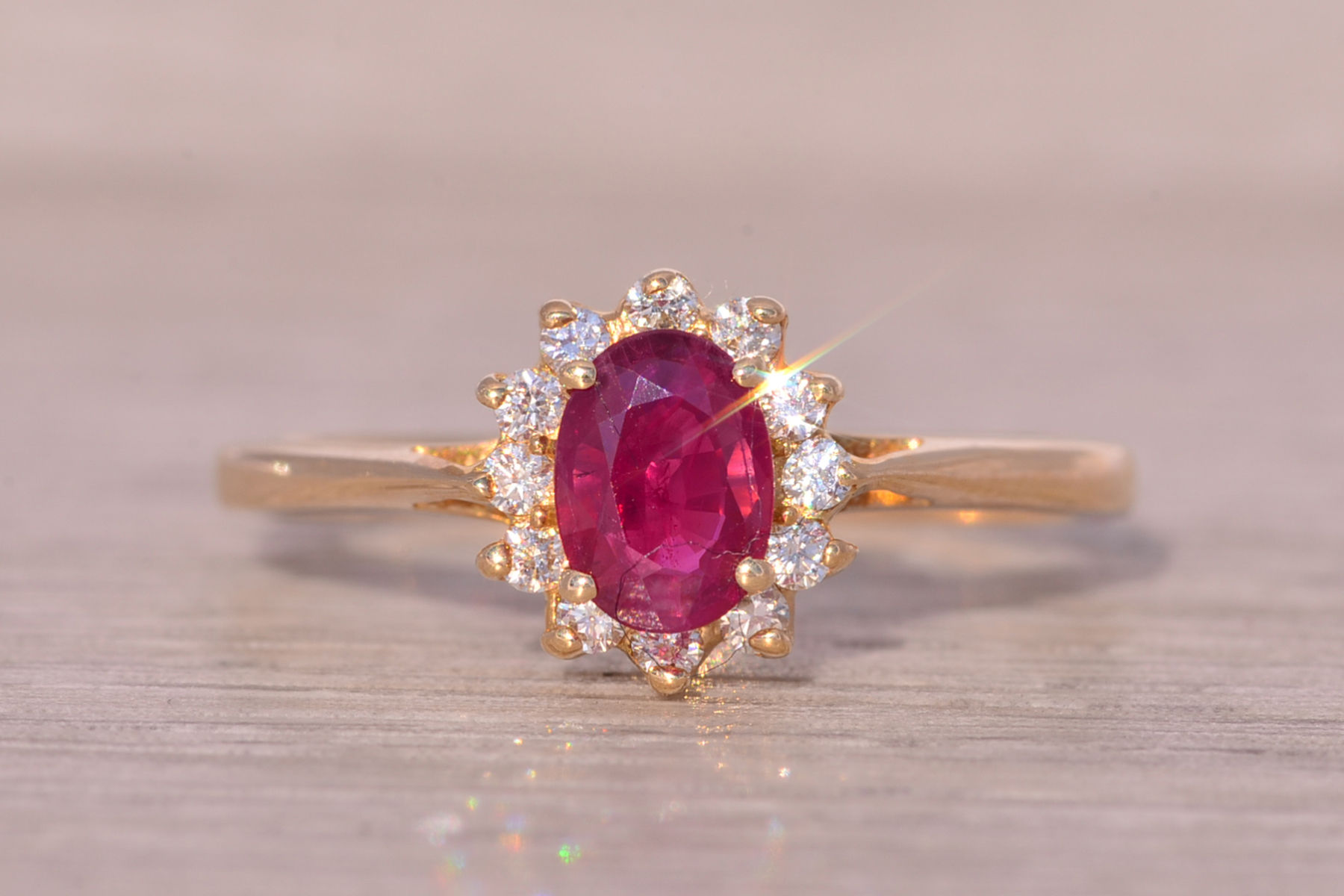 The Bandon: Natural Ruby and Diamond Halo Ring in Yellow Gold - Image 7