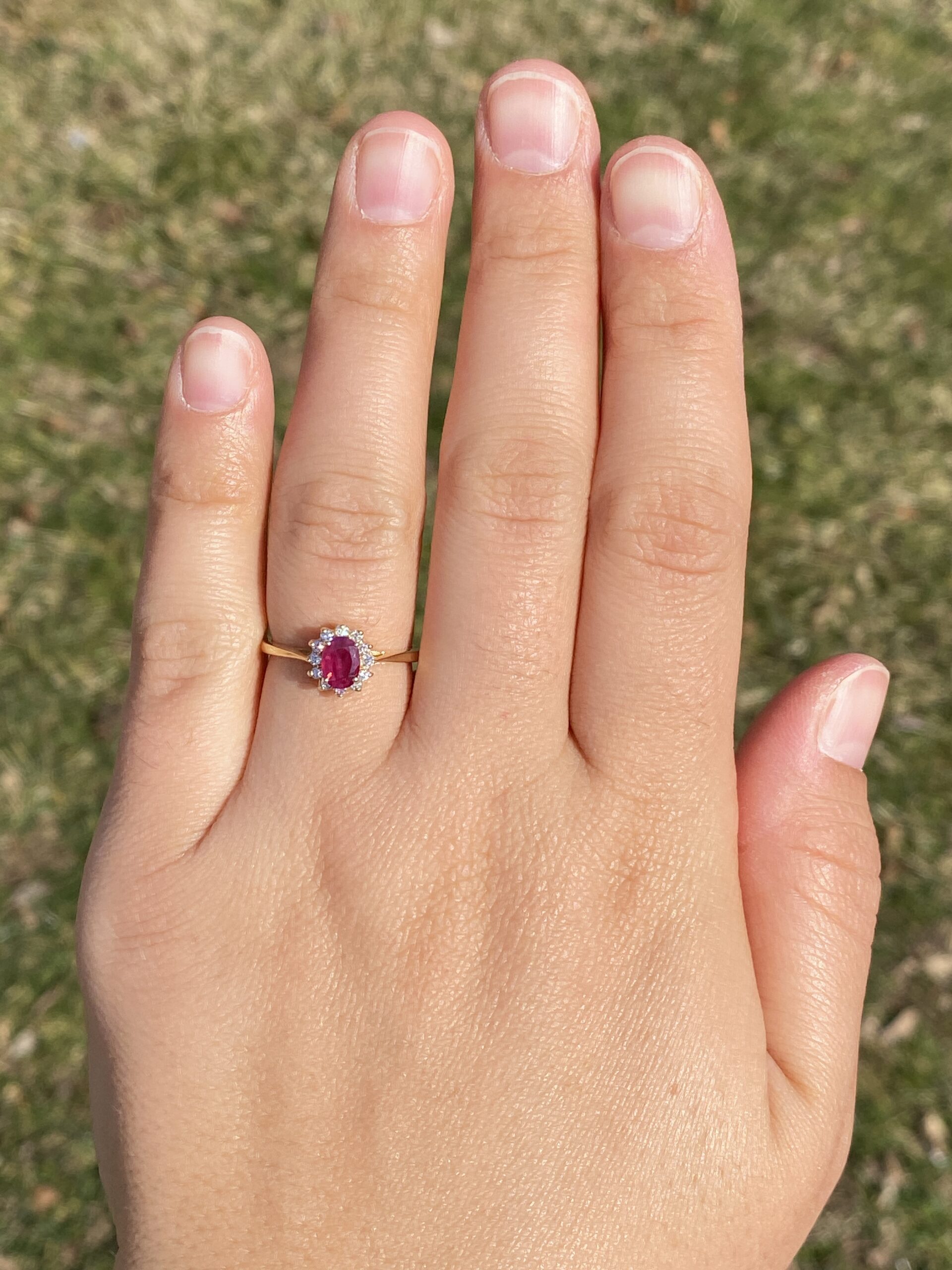 The Bandon: Natural Ruby and Diamond Halo Ring in Yellow Gold - Image 8