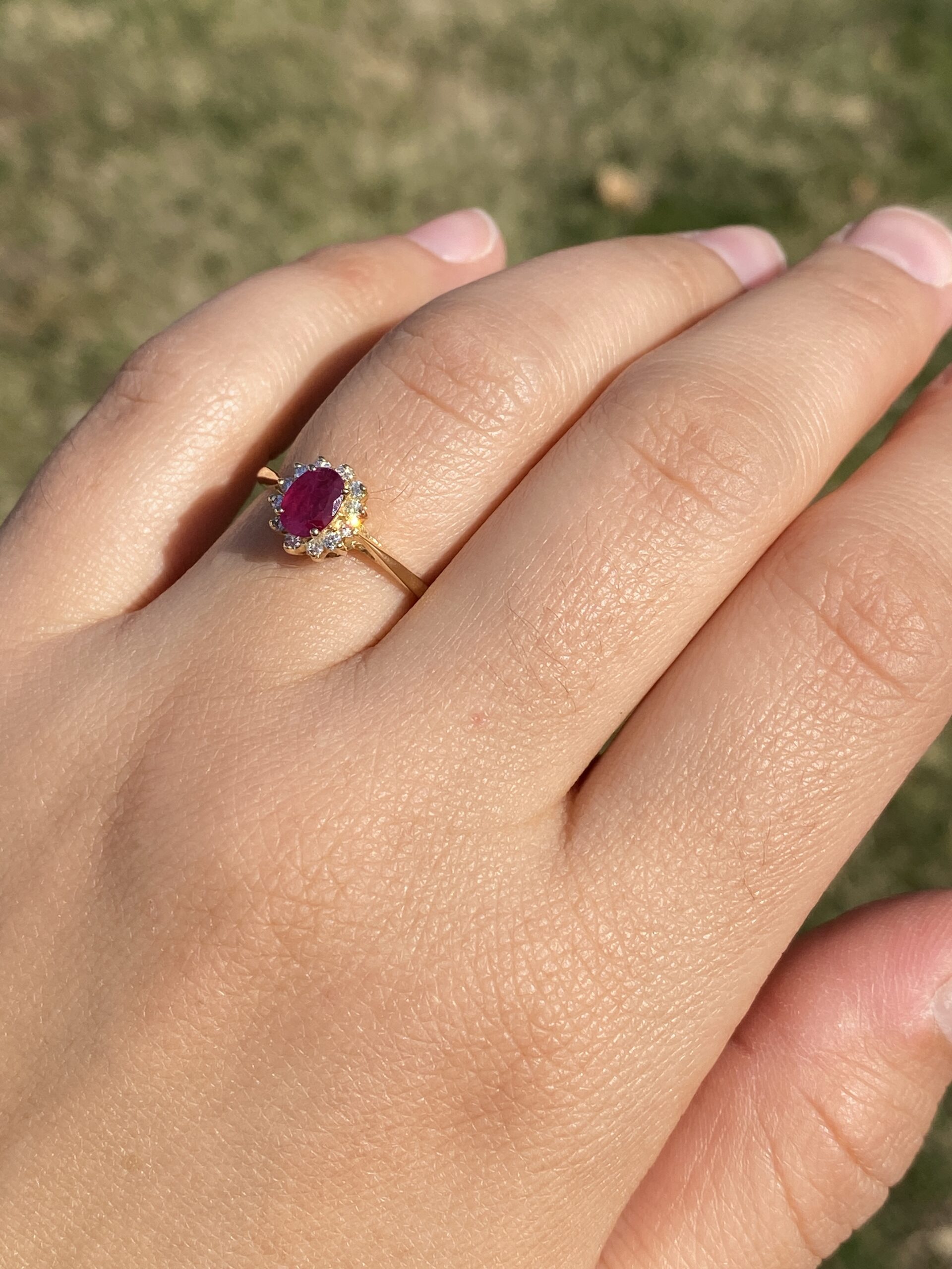 The Bandon: Natural Ruby and Diamond Halo Ring in Yellow Gold - Image 9