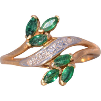 The Bifan: Emerald and Natural Diamond Bypass Ring in Yellow Gold