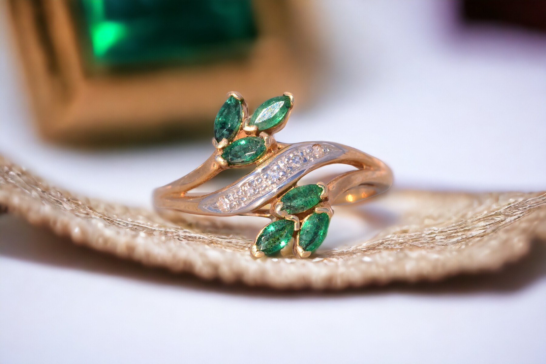 The Bifan: Emerald and Natural Diamond Bypass Ring in Yellow Gold - Image 11