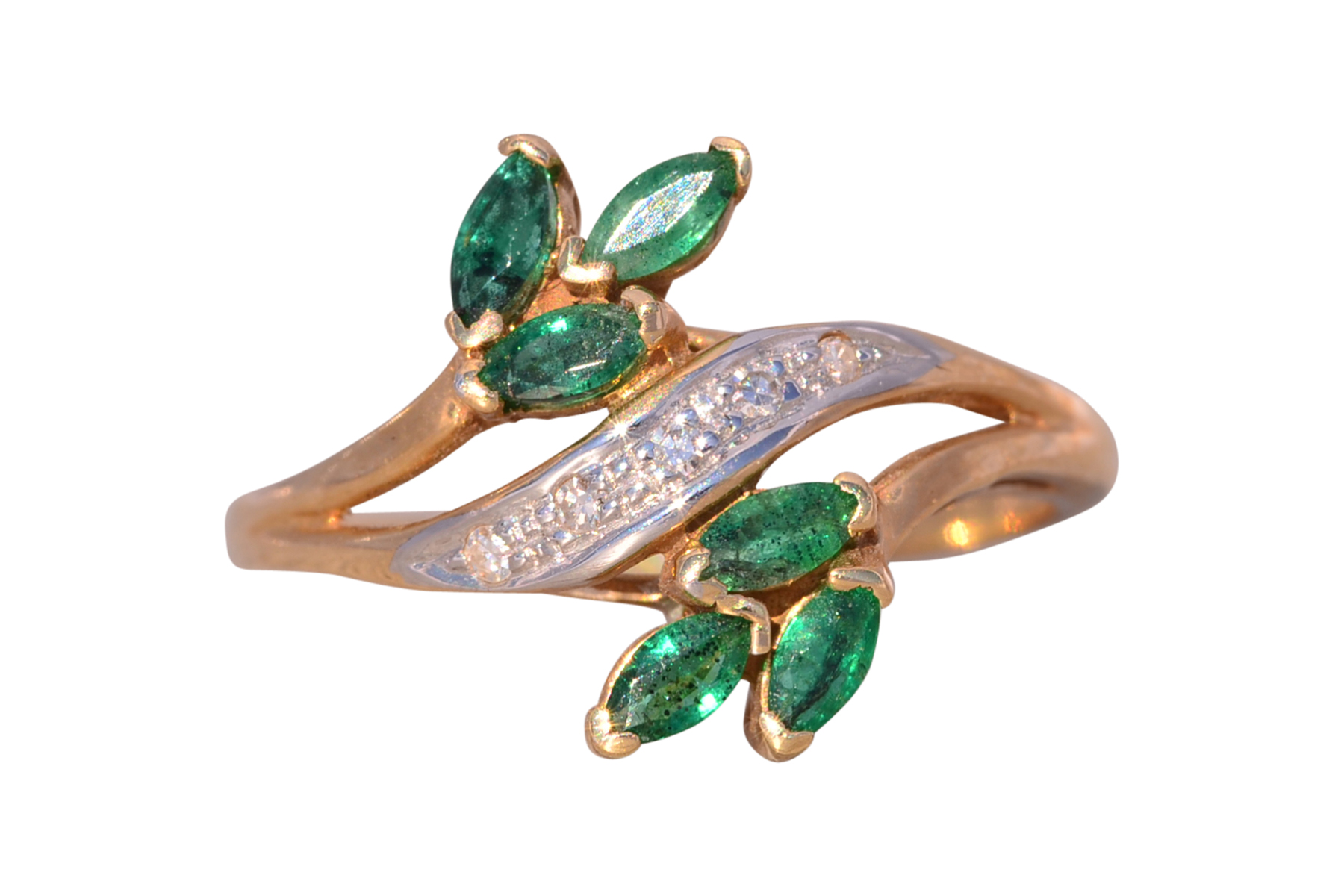 The Bifan: Emerald and Natural Diamond Bypass Ring in Yellow Gold