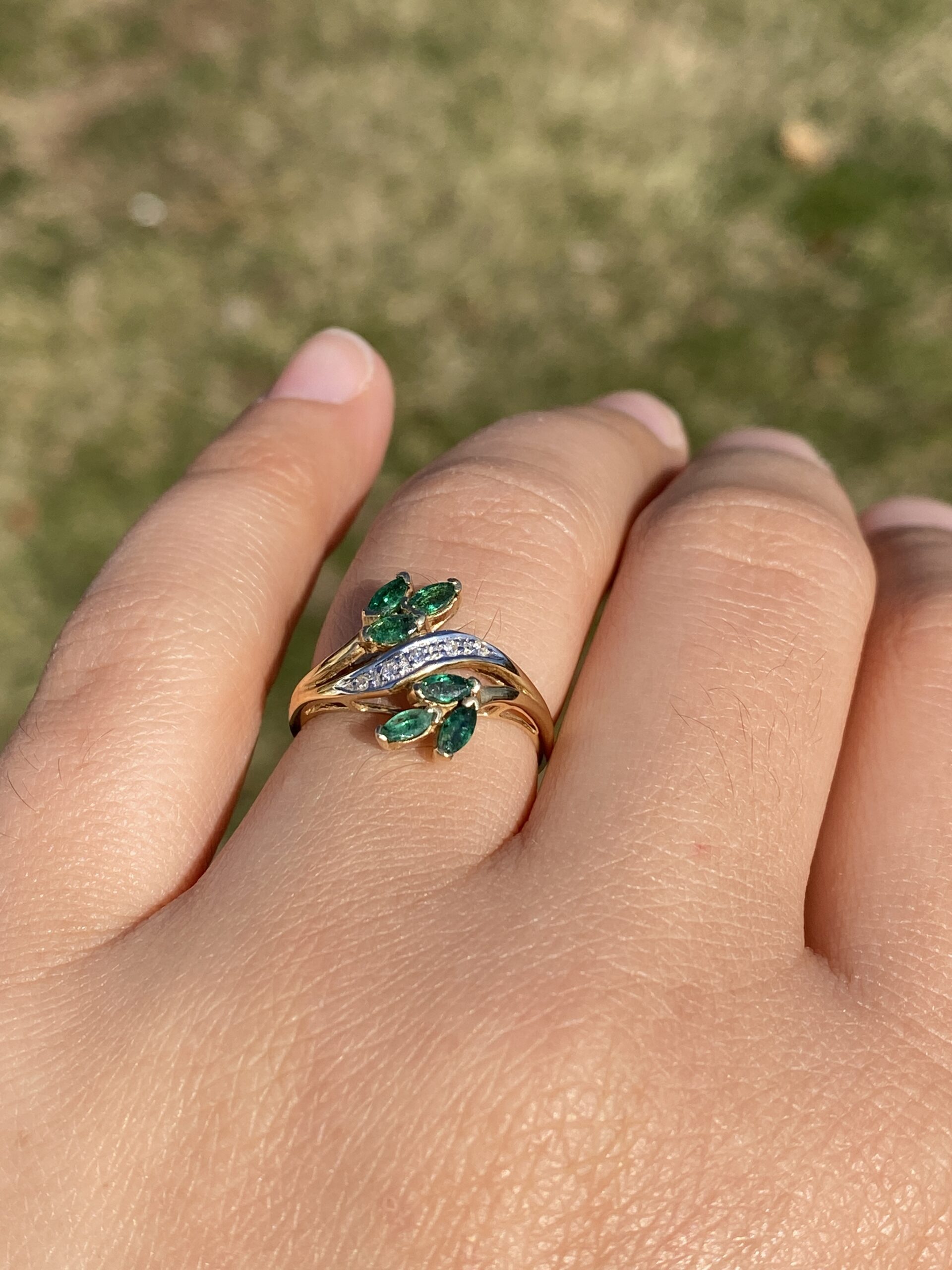 The Bifan: Emerald and Natural Diamond Bypass Ring in Yellow Gold - Image 10