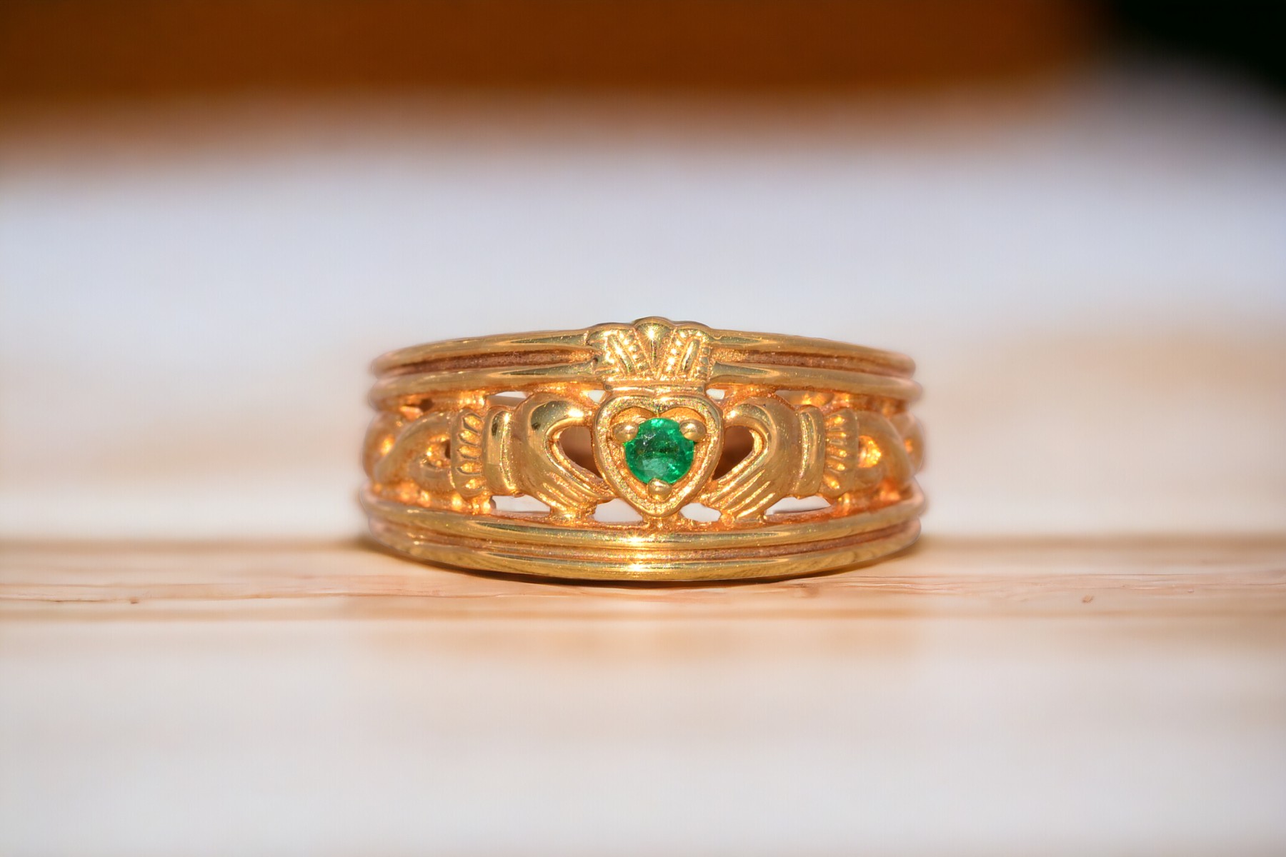SOLD - The Westport: Irish Made Claddagh Band with Natural Emerald in Yellow Gold - Image 11