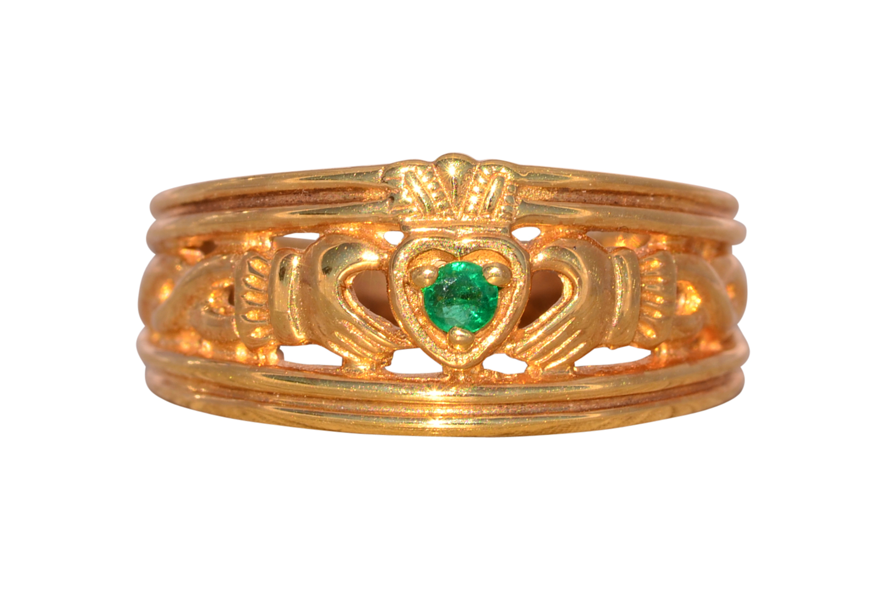 SOLD - The Westport: Irish Made Claddagh Band with Natural Emerald in Yellow Gold
