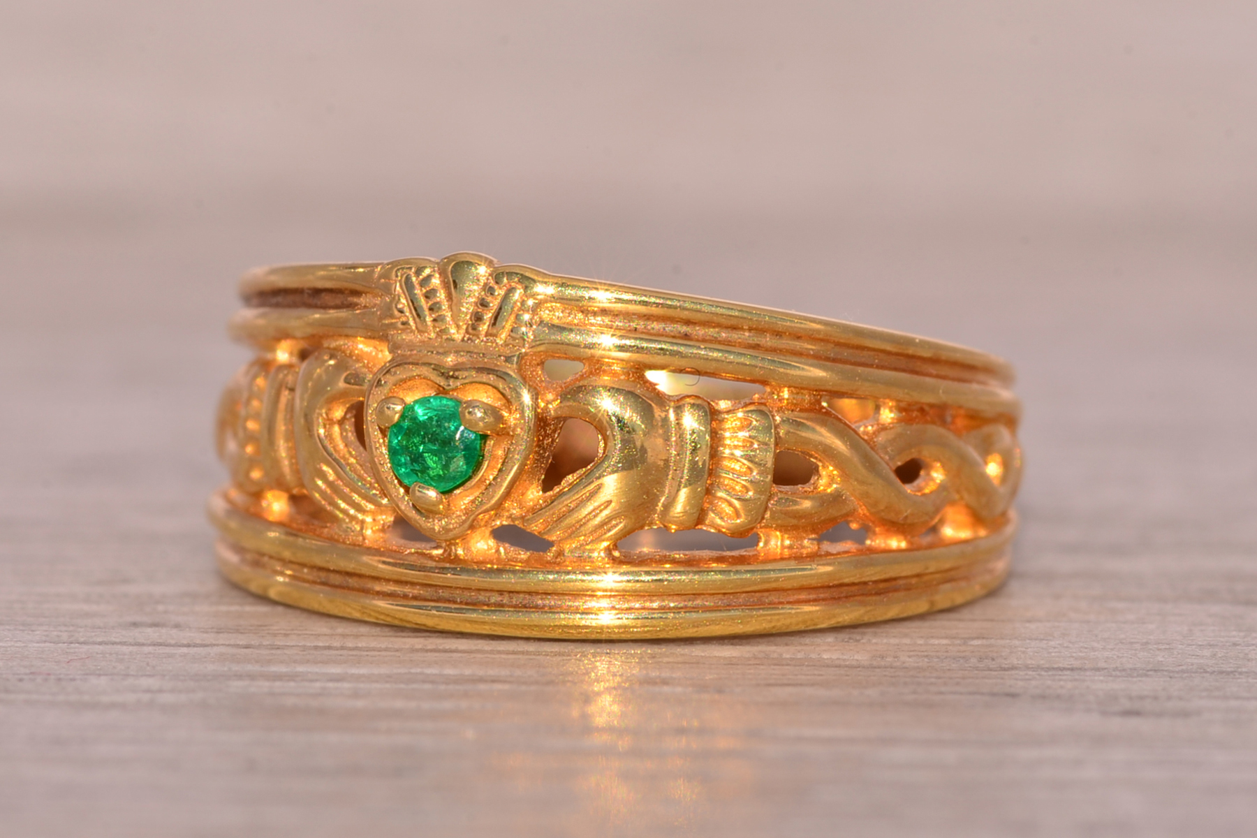 SOLD - The Westport: Irish Made Claddagh Band with Natural Emerald in Yellow Gold - Image 3