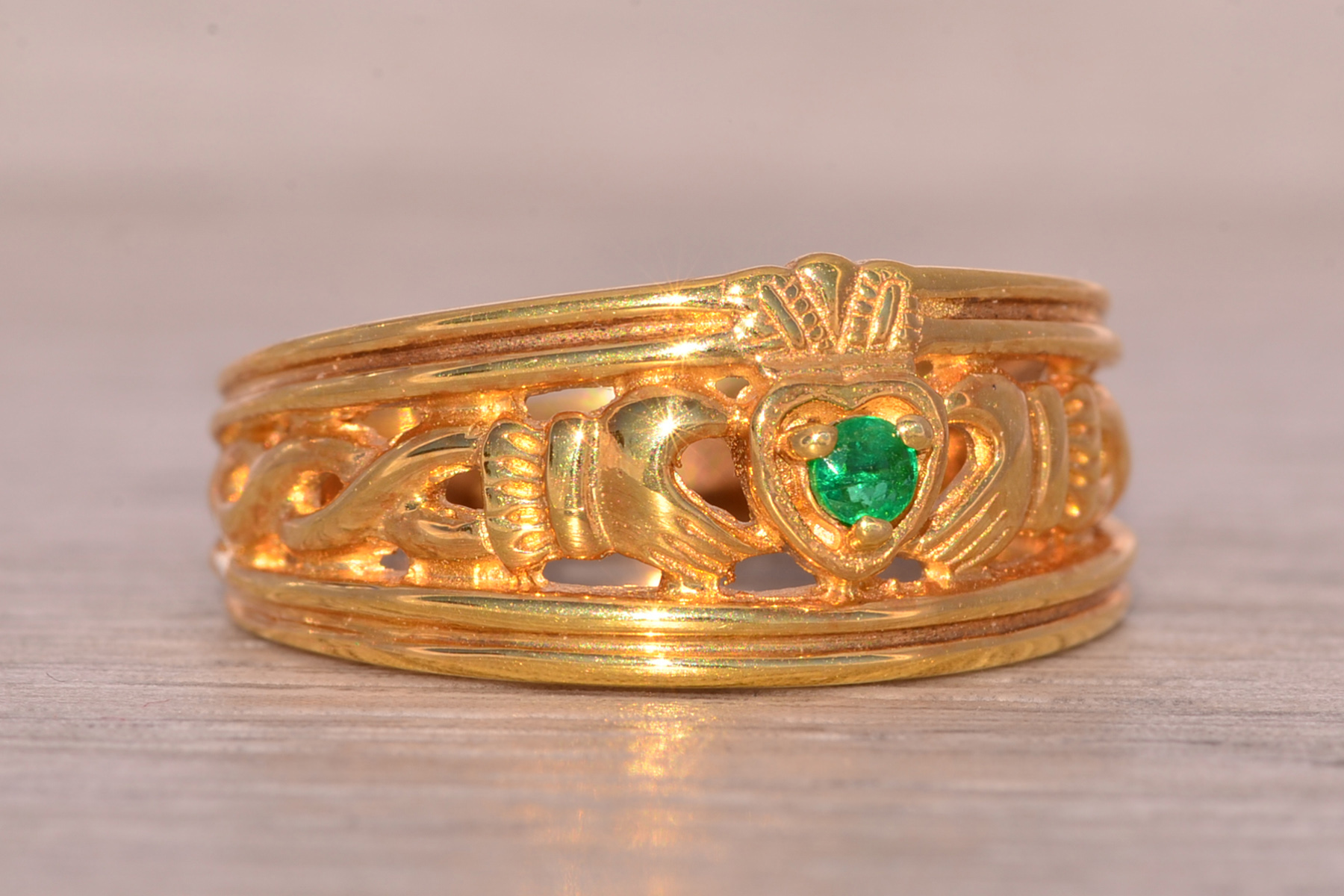 SOLD - The Westport: Irish Made Claddagh Band with Natural Emerald in Yellow Gold - Image 6