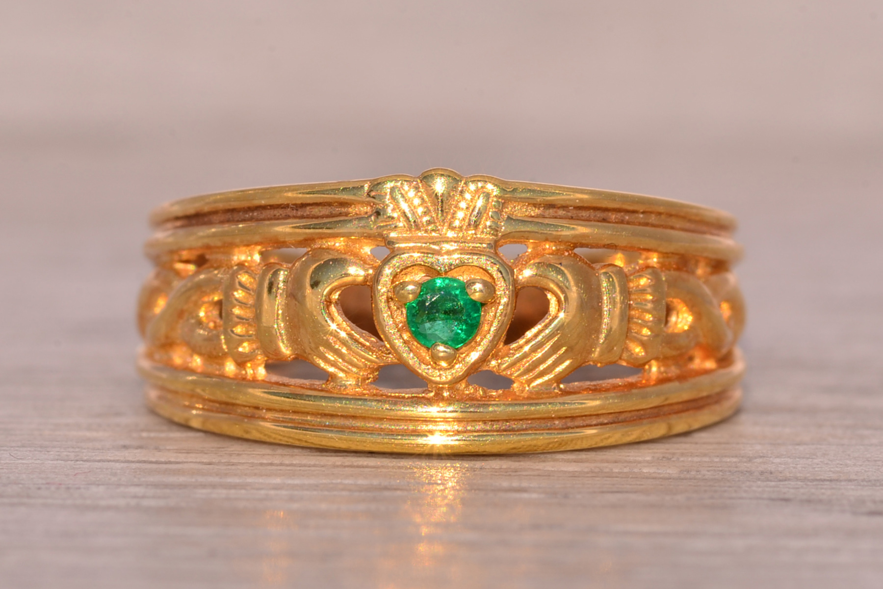 SOLD - The Westport: Irish Made Claddagh Band with Natural Emerald in Yellow Gold - Image 7