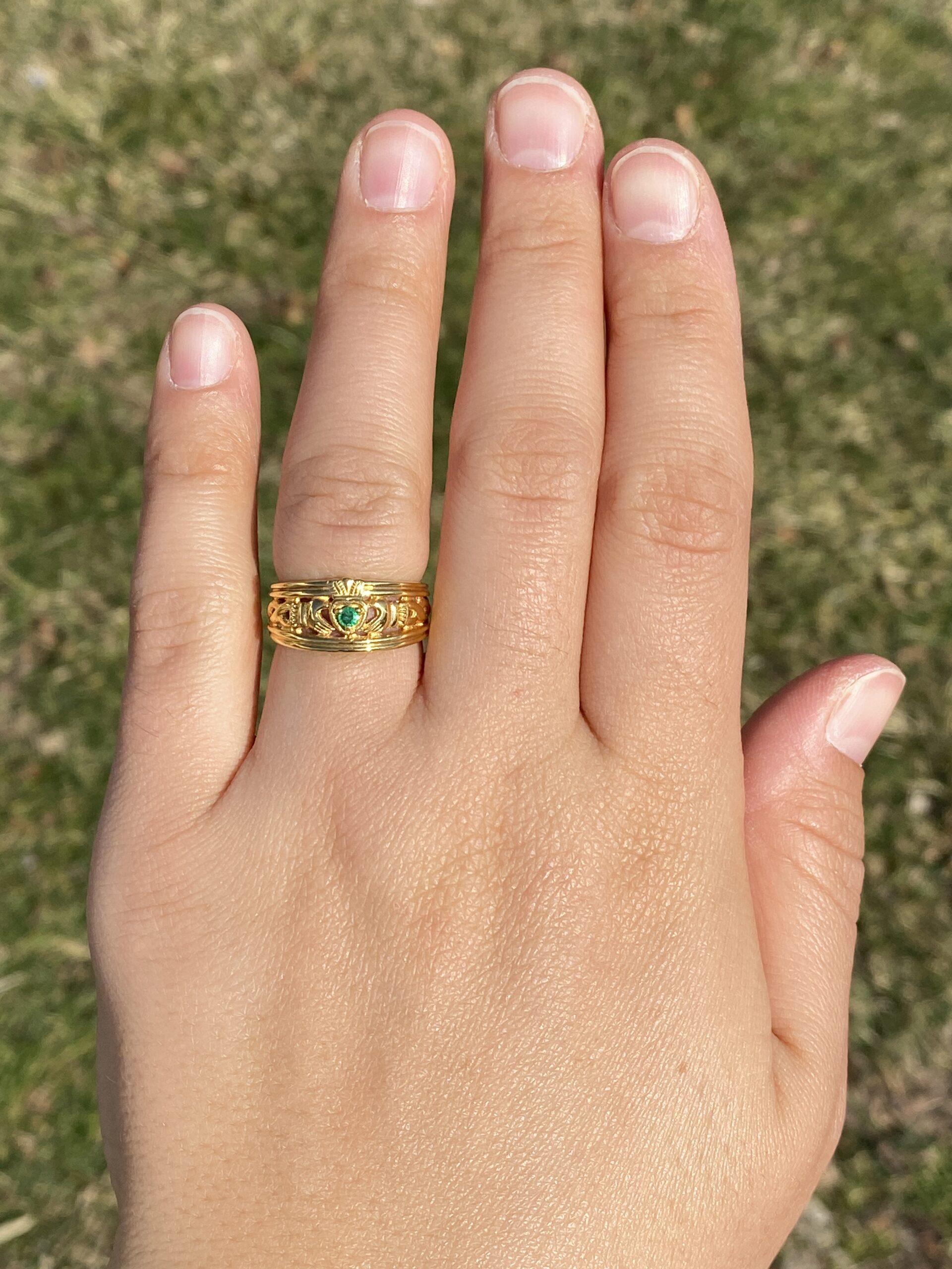 SOLD - The Westport: Irish Made Claddagh Band with Natural Emerald in Yellow Gold - Image 8