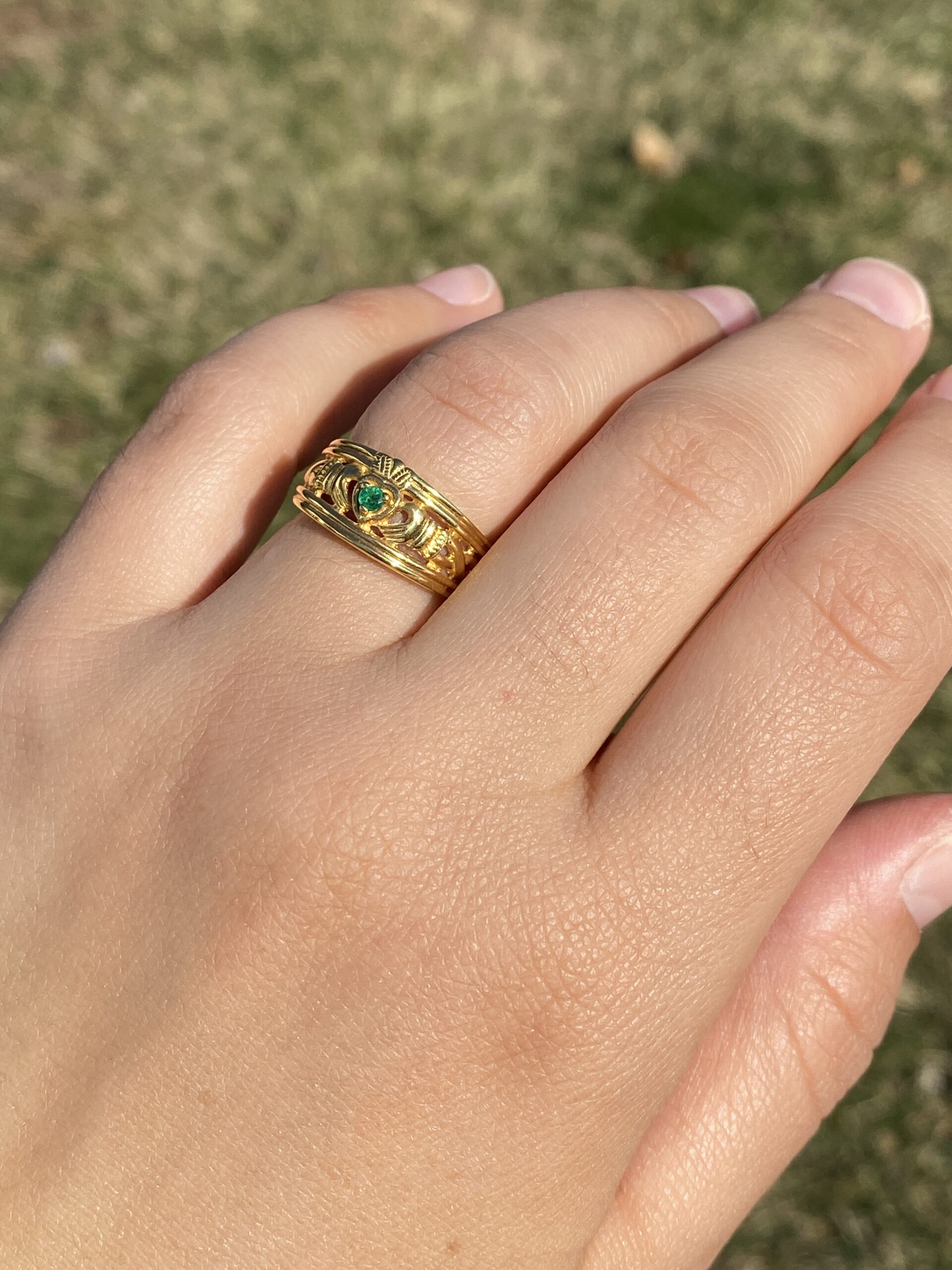 SOLD - The Westport: Irish Made Claddagh Band with Natural Emerald in Yellow Gold - Image 9