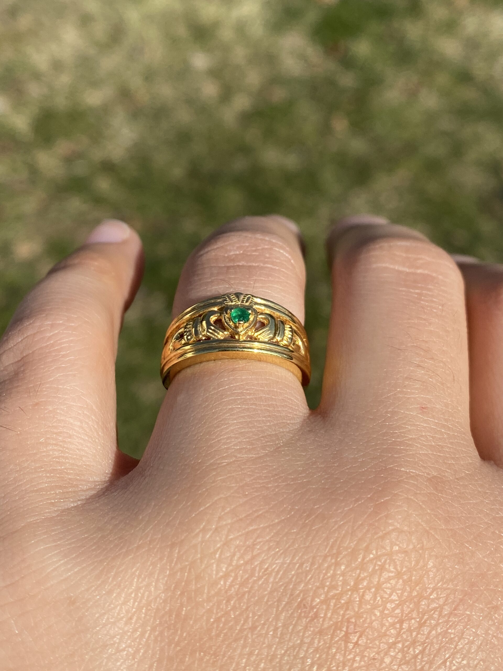 SOLD - The Westport: Irish Made Claddagh Band with Natural Emerald in Yellow Gold - Image 10