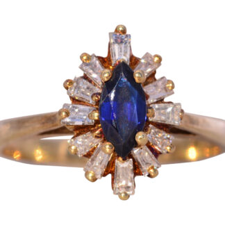 The Parksville: Vintage Sapphire and Natural Diamond Navette Ring in Yellow Gold