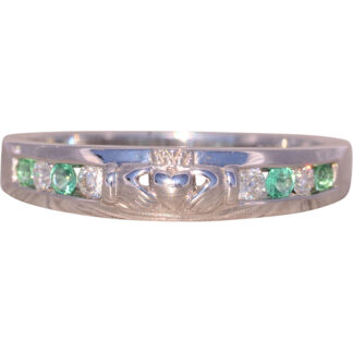 The Adare: Irish Signed Designer Natural Emerald and Diamond Claddagh Ring in White Gold