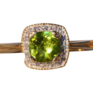 The Zhu: Peridot and Natural Diamond Halo Ring in Yellow Gold