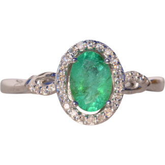 SOLD - The Carrie: Natural Emerald and Diamond Halo Ring in White Gold