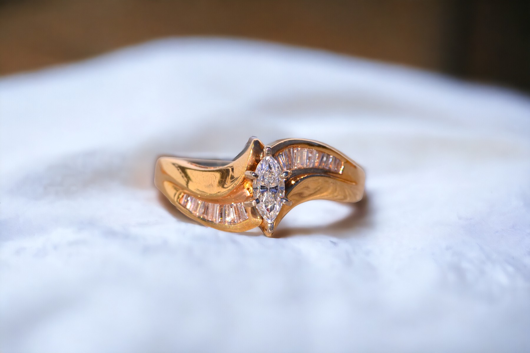 SOLD - The Eighties: Signed Vintage 1980's Marquise Engagement Ring in Yellow Gold - Image 11