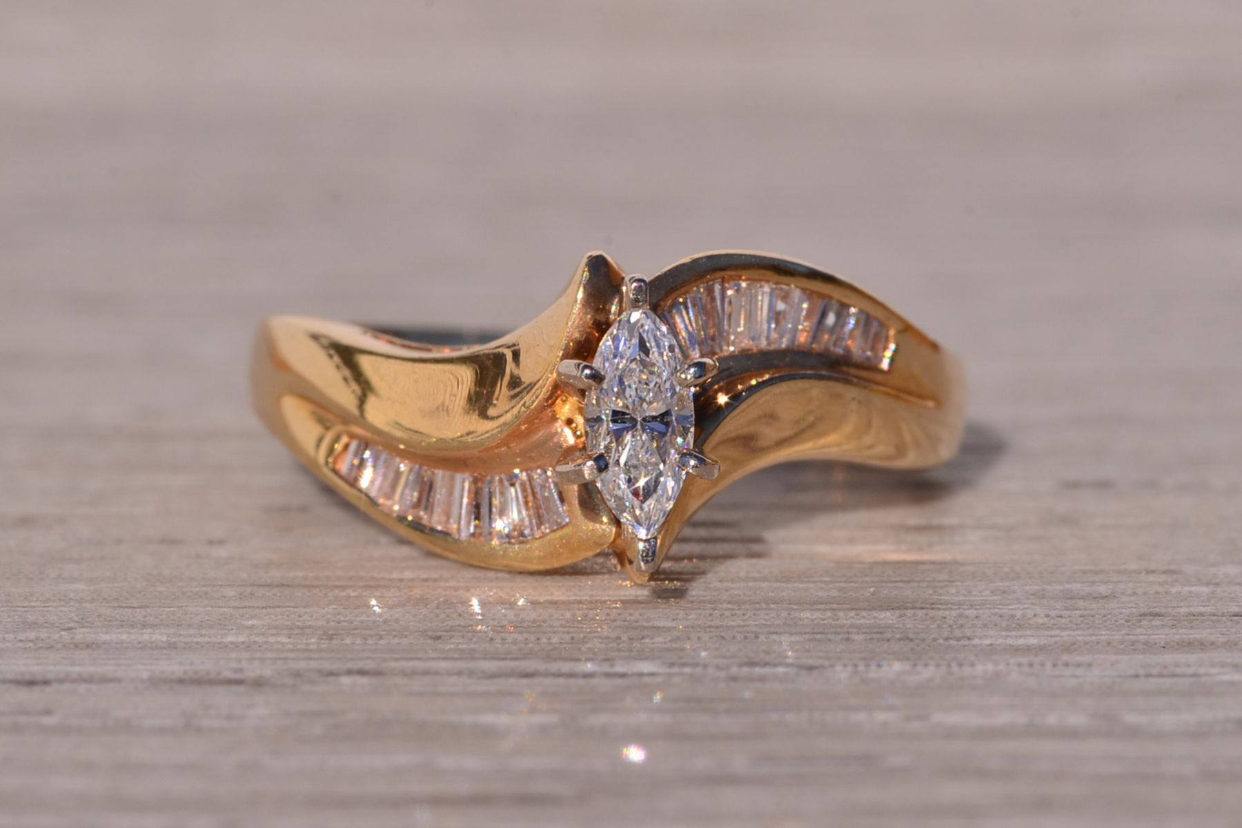 SOLD - The Eighties: Signed Vintage 1980's Marquise Engagement Ring in Yellow Gold - Image 2