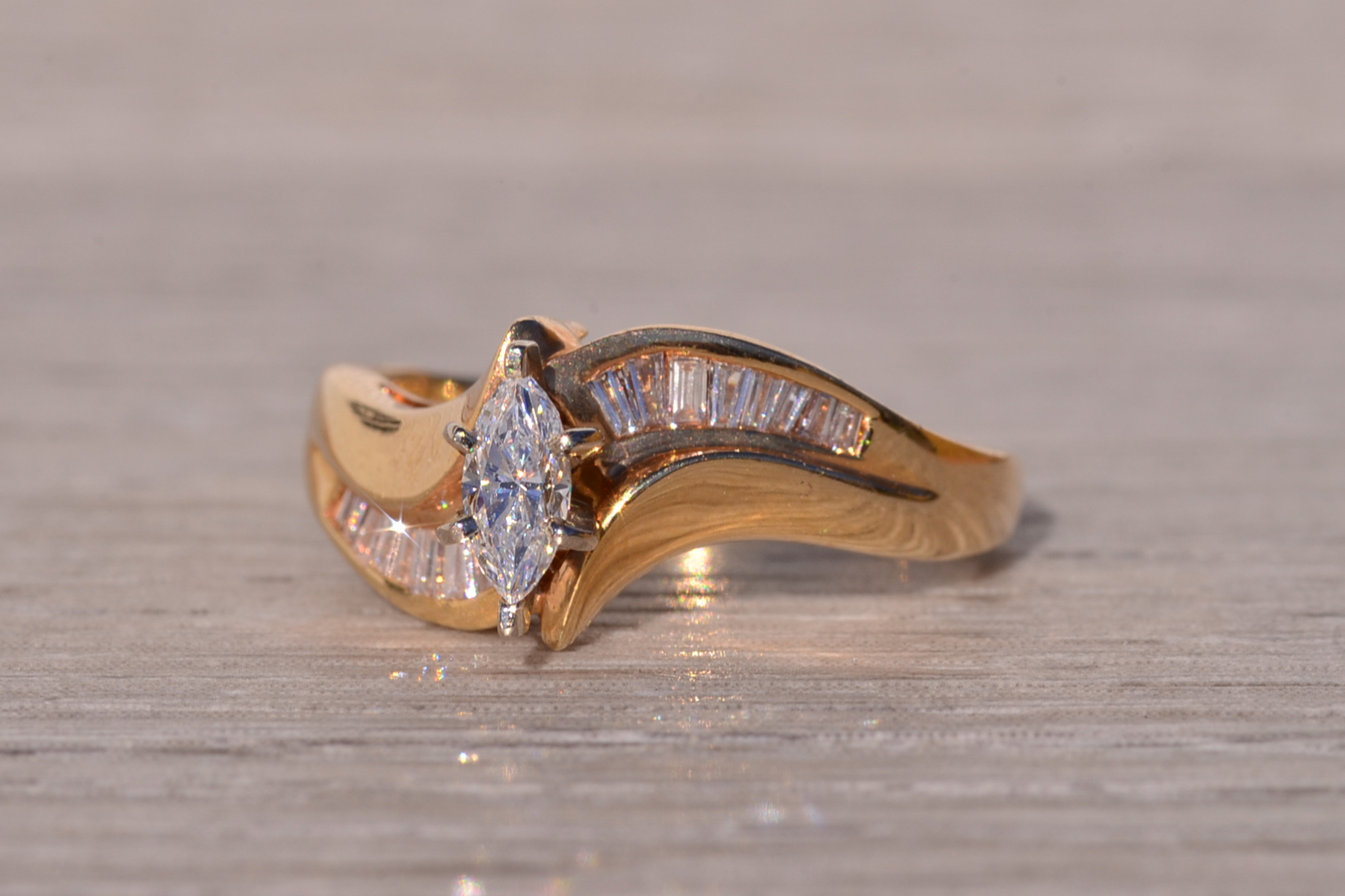 SOLD - The Eighties: Signed Vintage 1980's Marquise Engagement Ring in Yellow Gold - Image 3