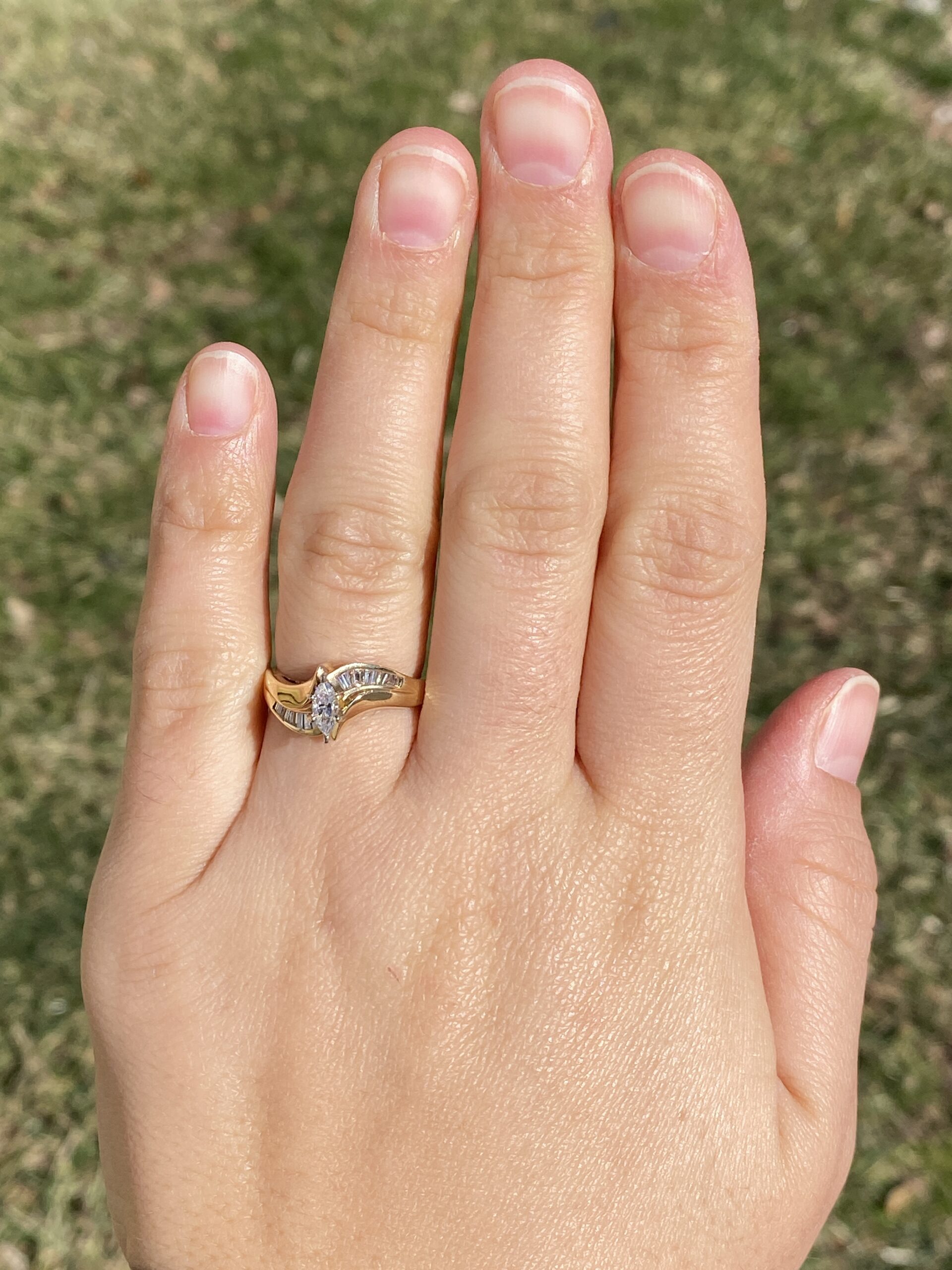 SOLD - The Eighties: Signed Vintage 1980's Marquise Engagement Ring in Yellow Gold - Image 8