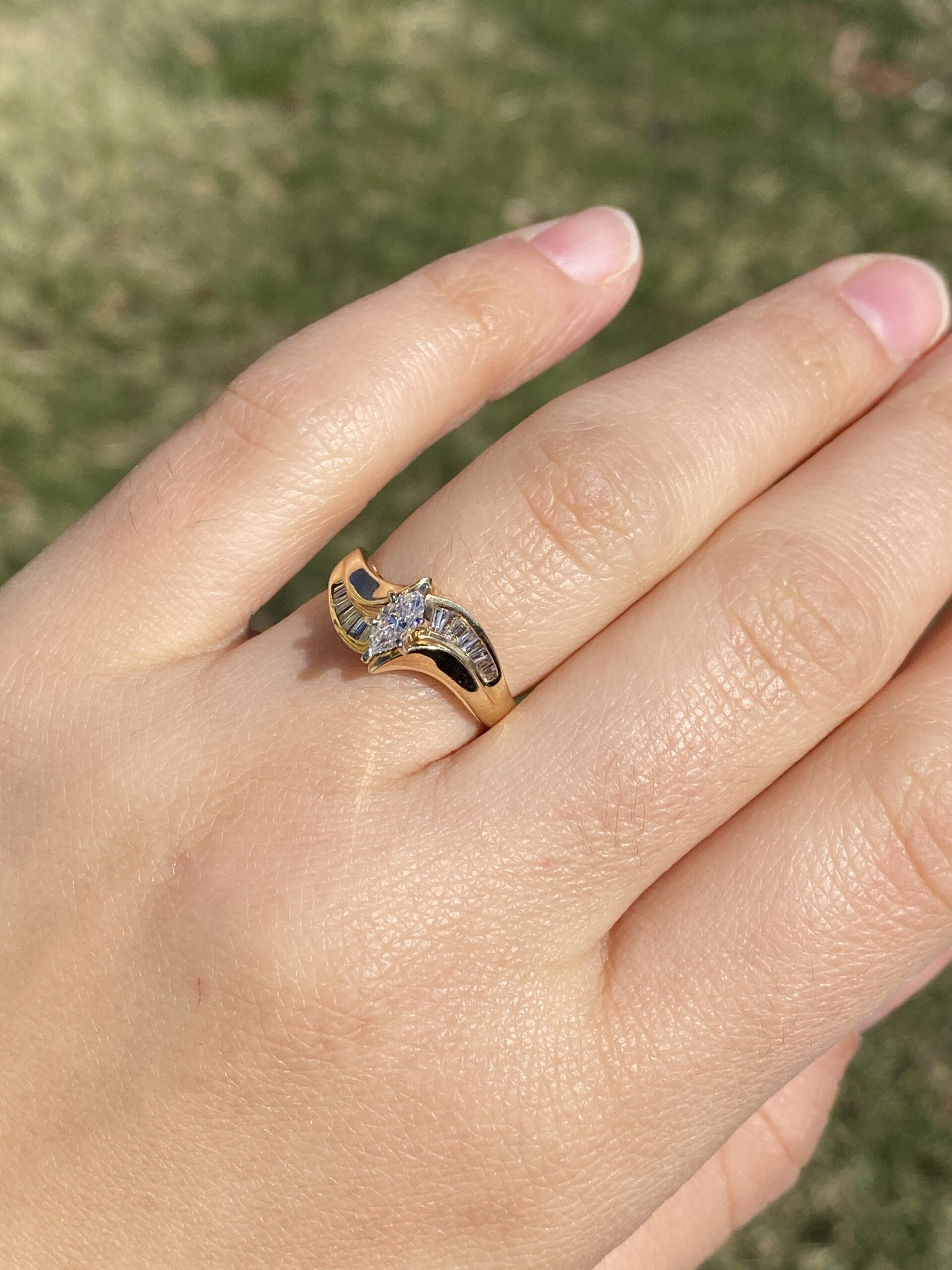 SOLD - The Eighties: Signed Vintage 1980's Marquise Engagement Ring in Yellow Gold - Image 9