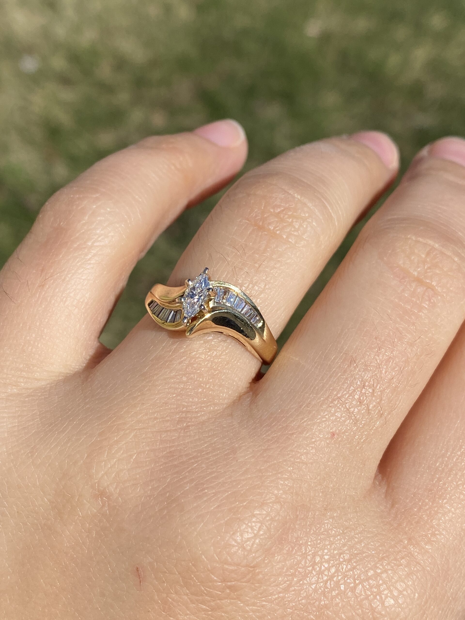 SOLD - The Eighties: Signed Vintage 1980's Marquise Engagement Ring in Yellow Gold - Image 10
