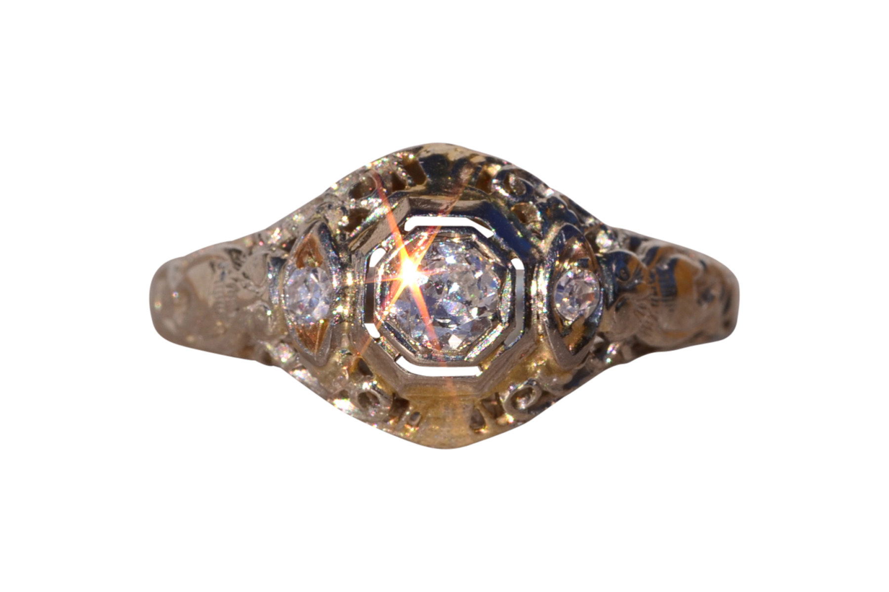 The Catch: Antique Filigree Engagement Ring with Natural Diamonds in White Gold