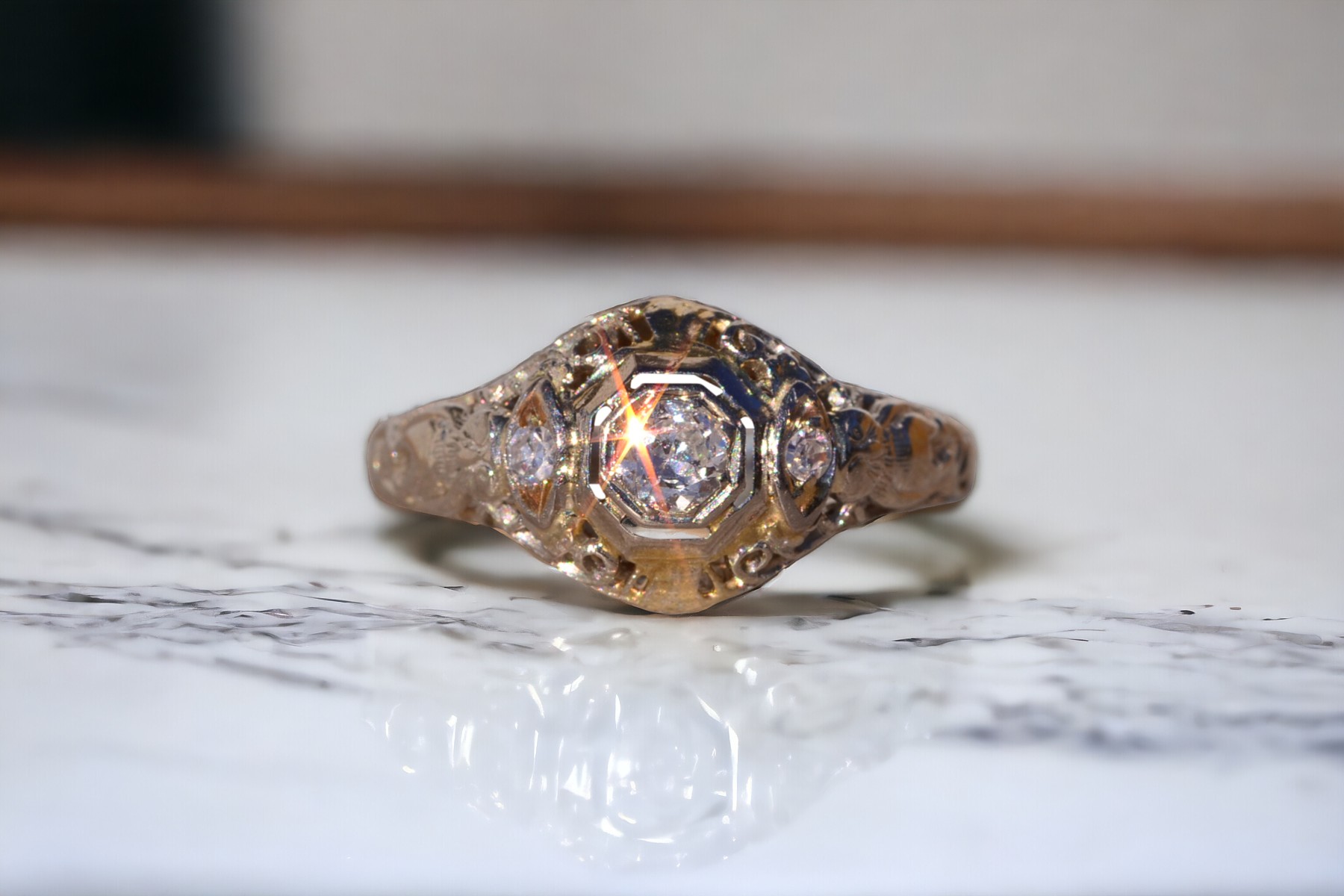 The Catch: Antique Filigree Engagement Ring with Natural Diamonds in White Gold - Image 11