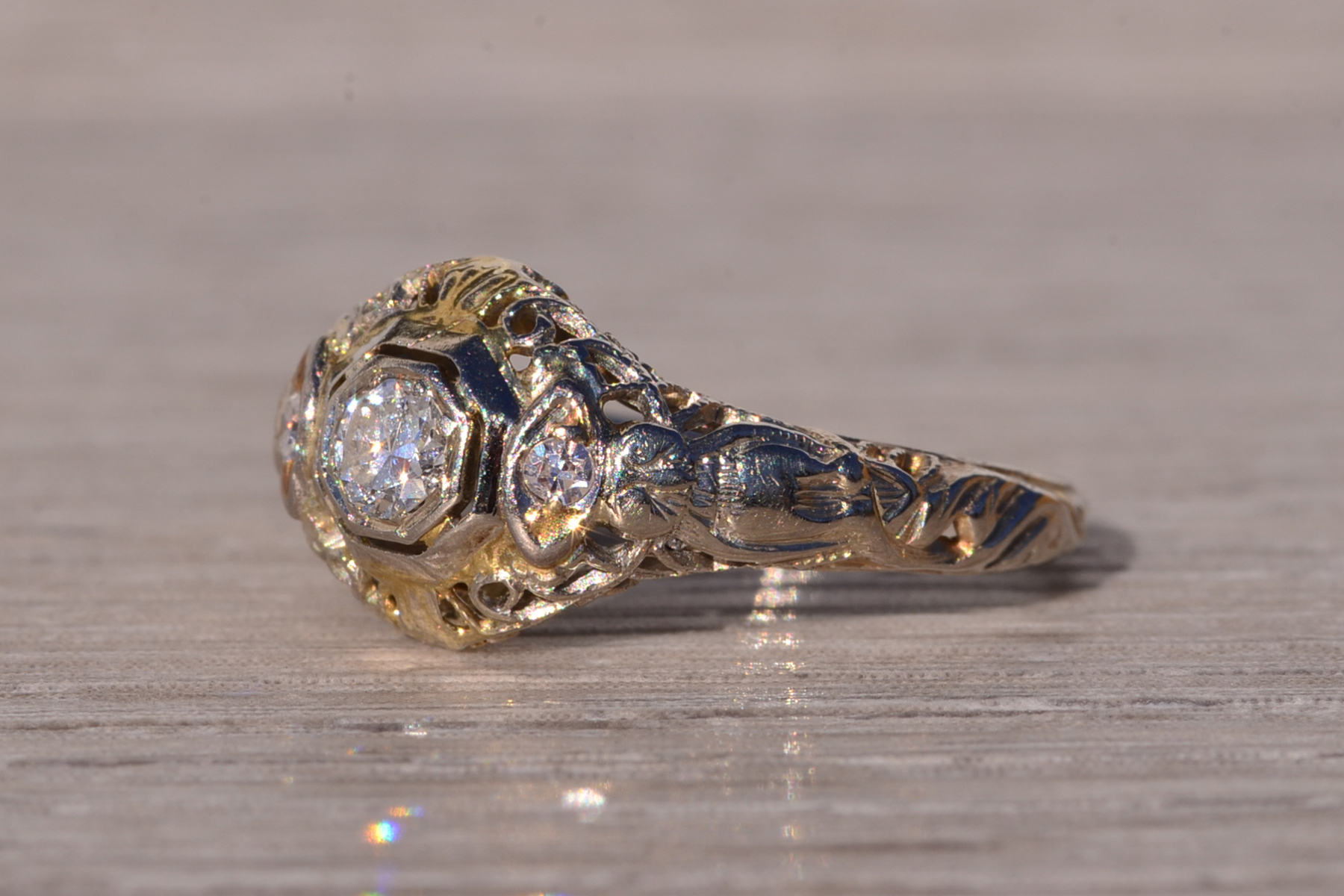 The Catch: Antique Filigree Engagement Ring with Natural Diamonds in White Gold - Image 3
