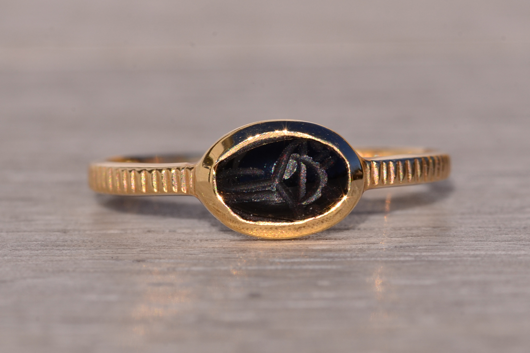 SOLD - The Egyptia: Black Onyx Scarab Ring in Yellow Gold - Image 2
